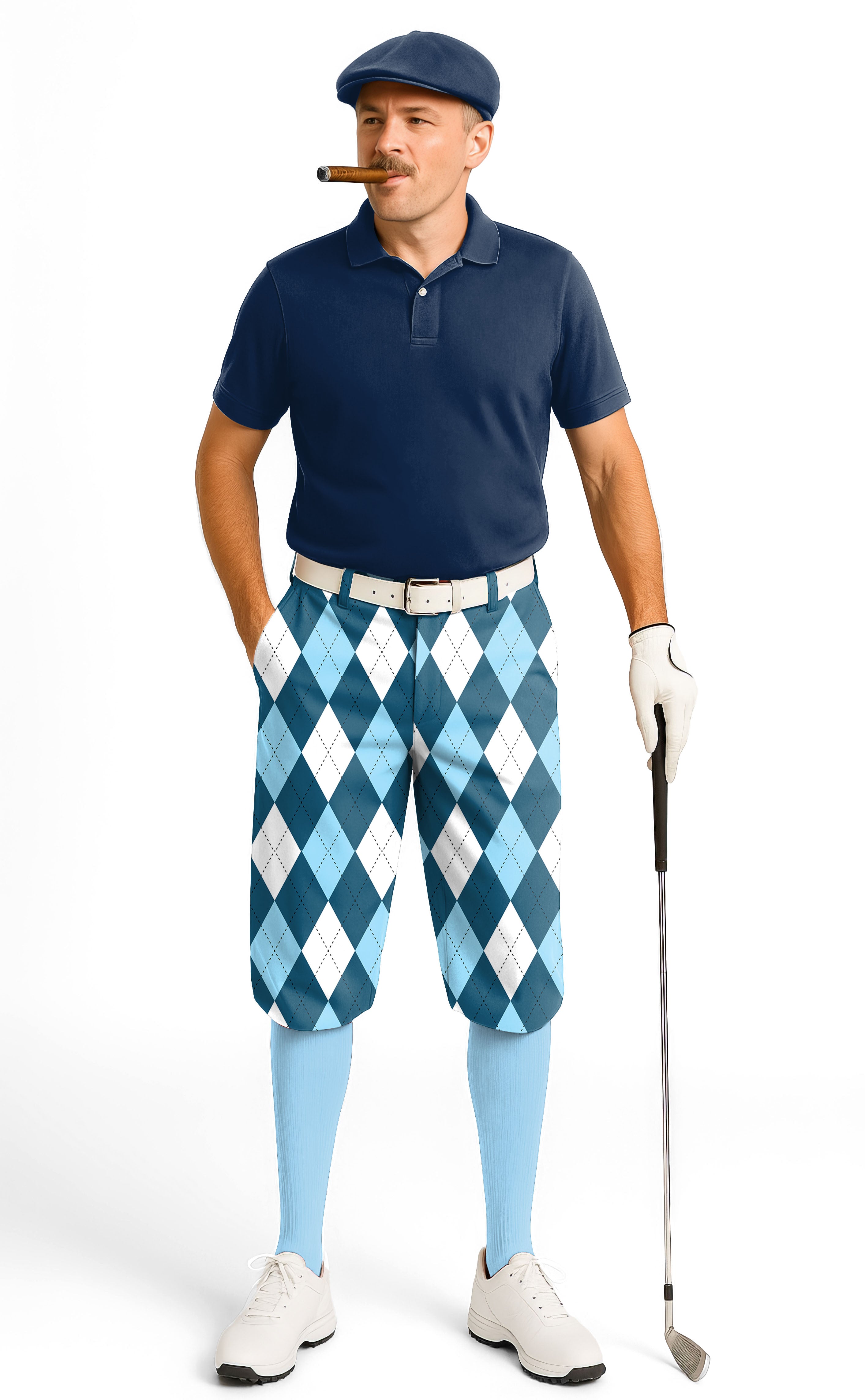 Men's golf knickers pants in diamond moderate blue pattern with snug ankle cuffs and breathable fabric