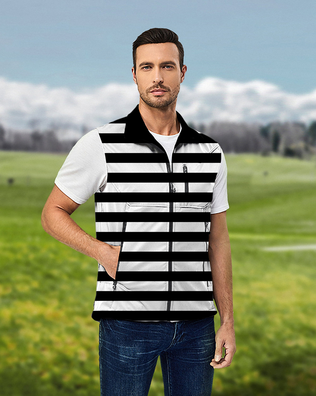 Men's Black and white horizontal stripes Lightweight Softshell Vest Sleeveless Jacket for Golf Windproof Waterproof
