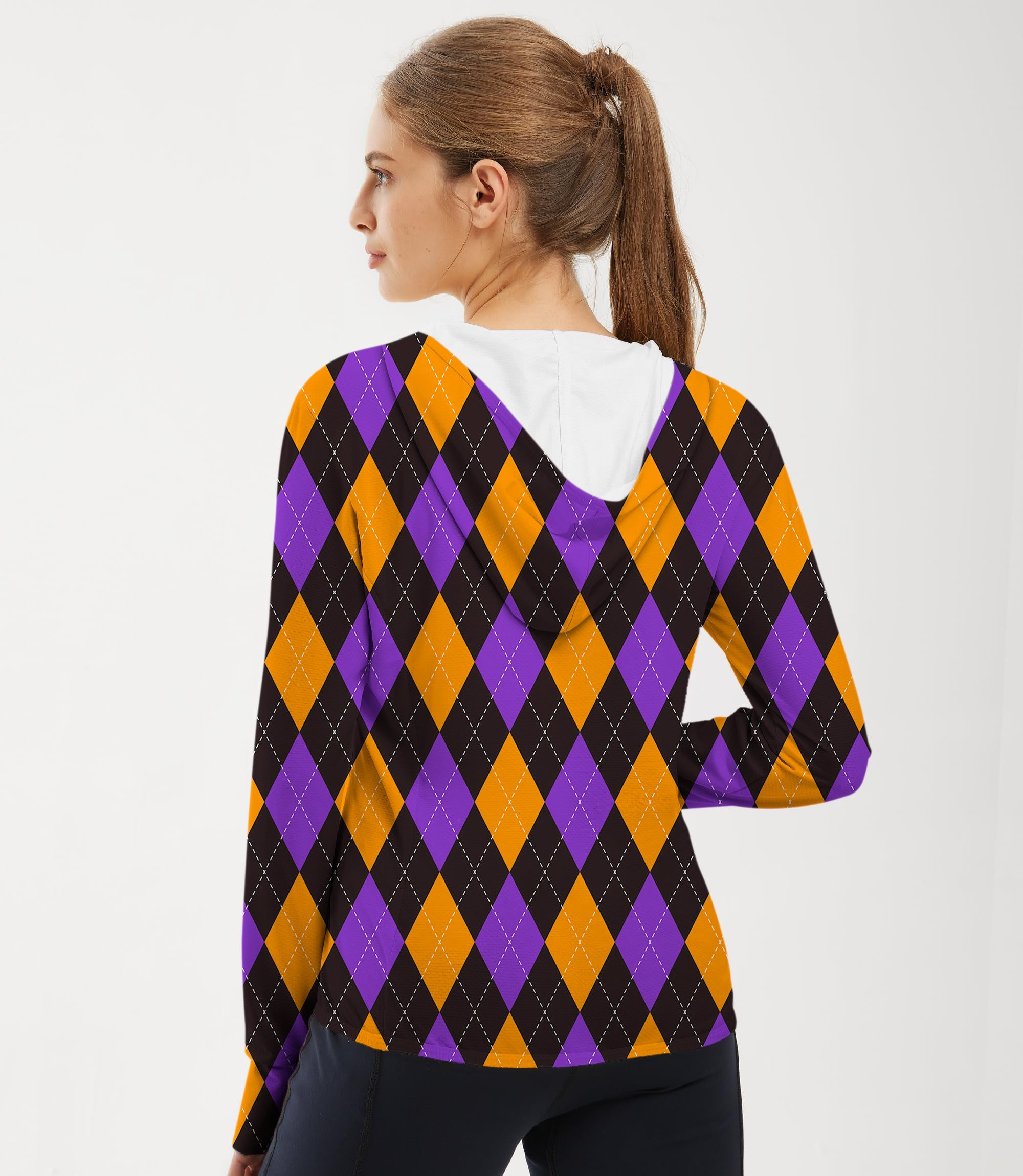 Women's slim fit golf hoodie with orange purple black argyle pattern and sun protection fabric