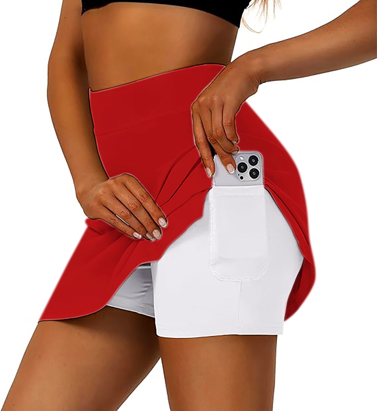 pure festive Women's athletic golf skorts with flared red skirt and white shorts featuring a phone pocket