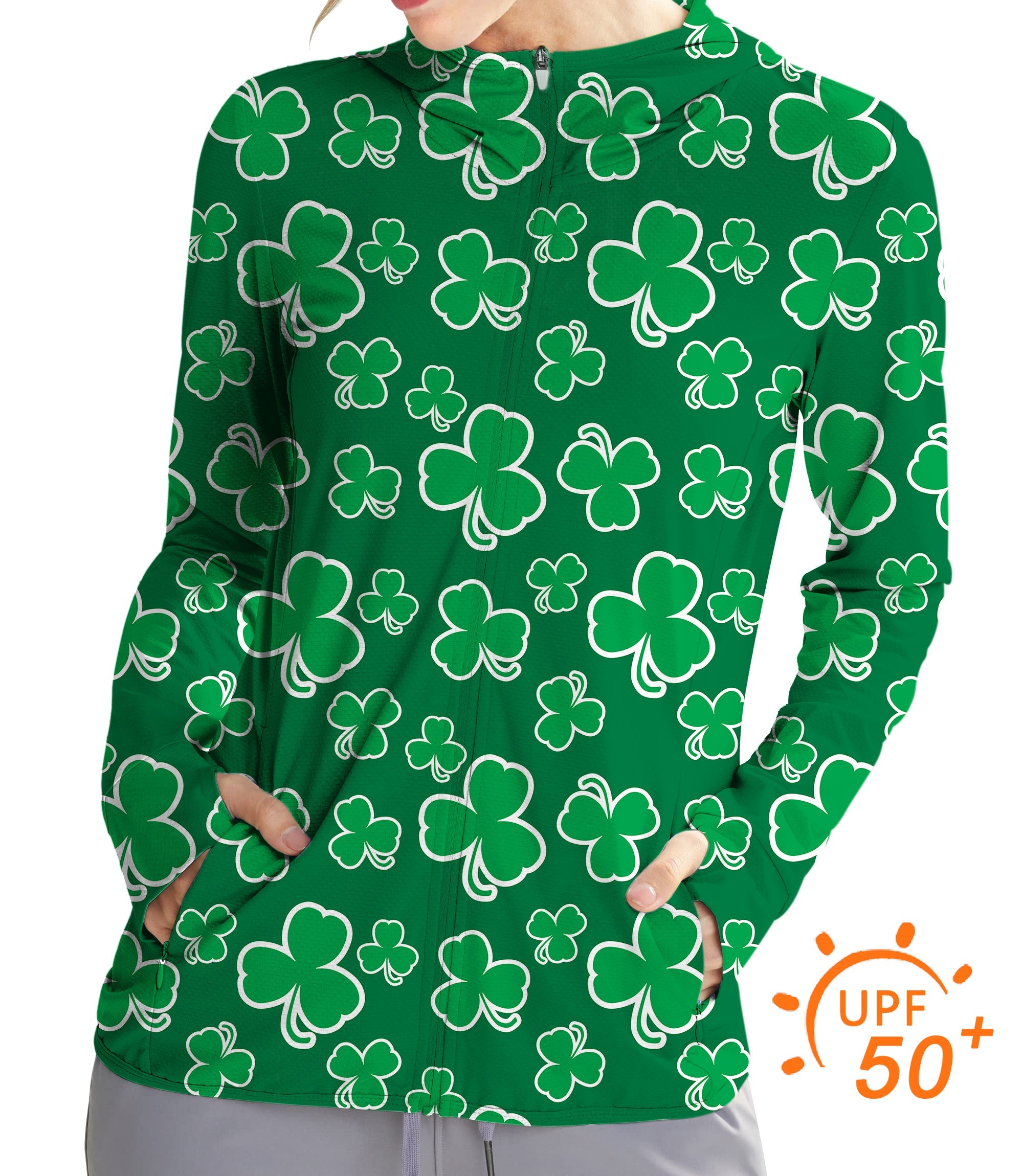 Women's outdoor leaf clover St. Patrick's Day golf sun protection slim fit zip hoodie with UPF 50+