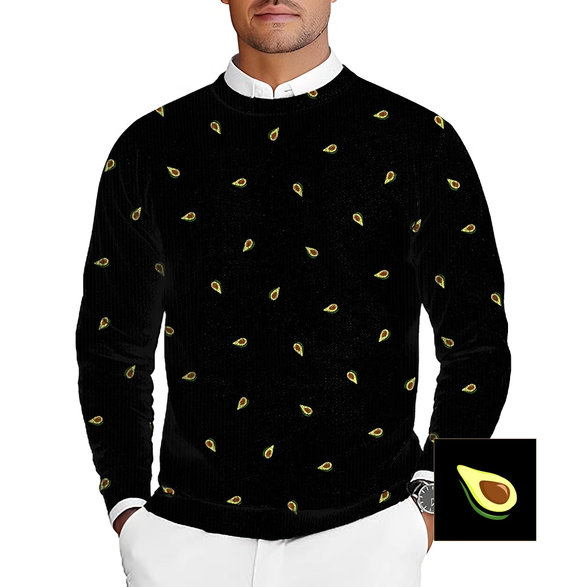 Men's black golf crewneck pullover sweater with custom avocado pattern and background color options