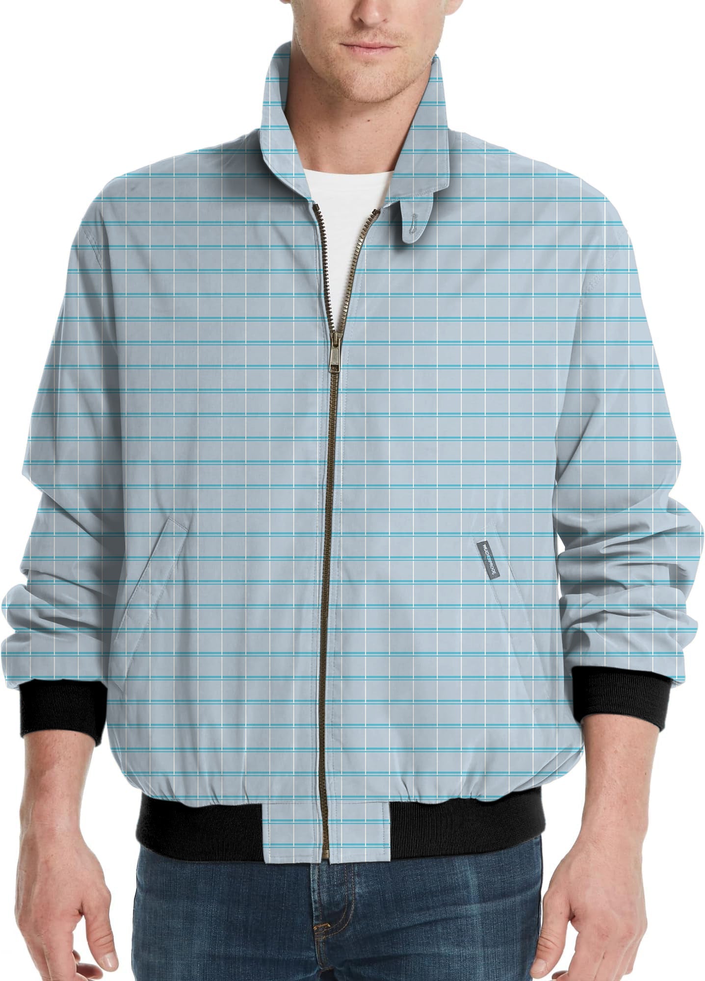 Men's sky blue checkered golf windbreaker jacket with zipper and black cuffs