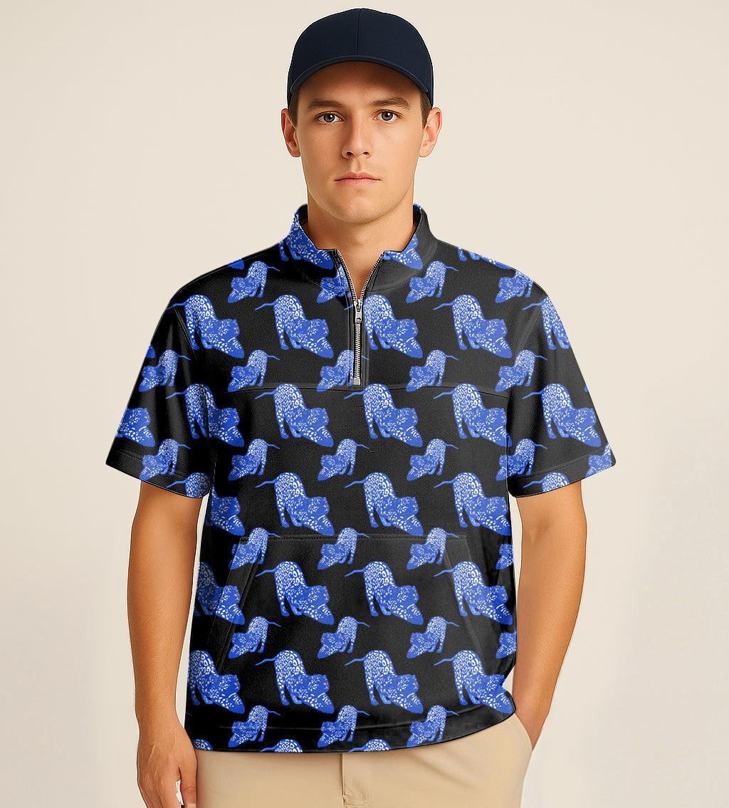 Men's half zipper turtleneck golf shirt with blue jaguar embroidery and short sleeves
