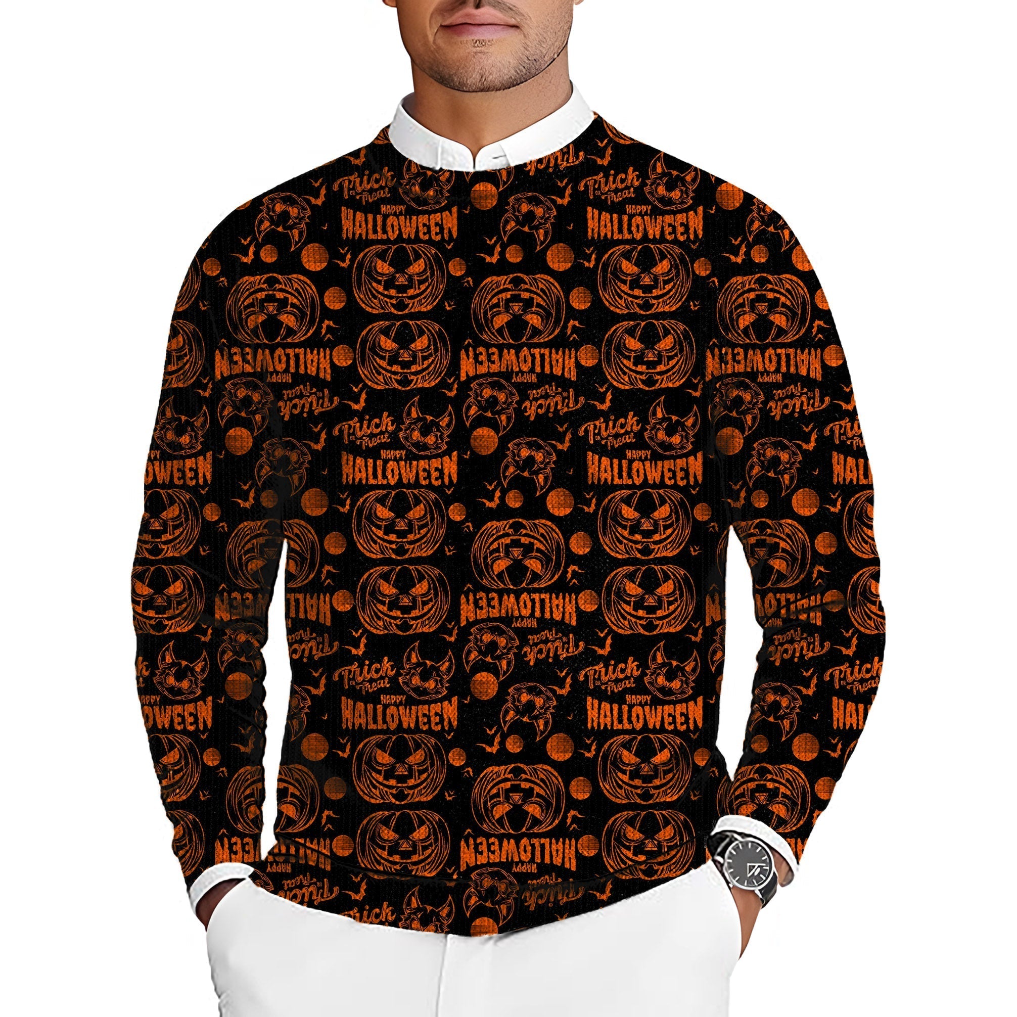 Happy Halloween Pumpkin men's golf crewneck pullover sweater with orange pumpkin and Halloween text pattern