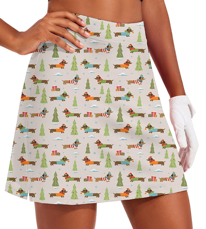 Women's Christmas Dachshund golf skirt with inner shorts and festive holiday print