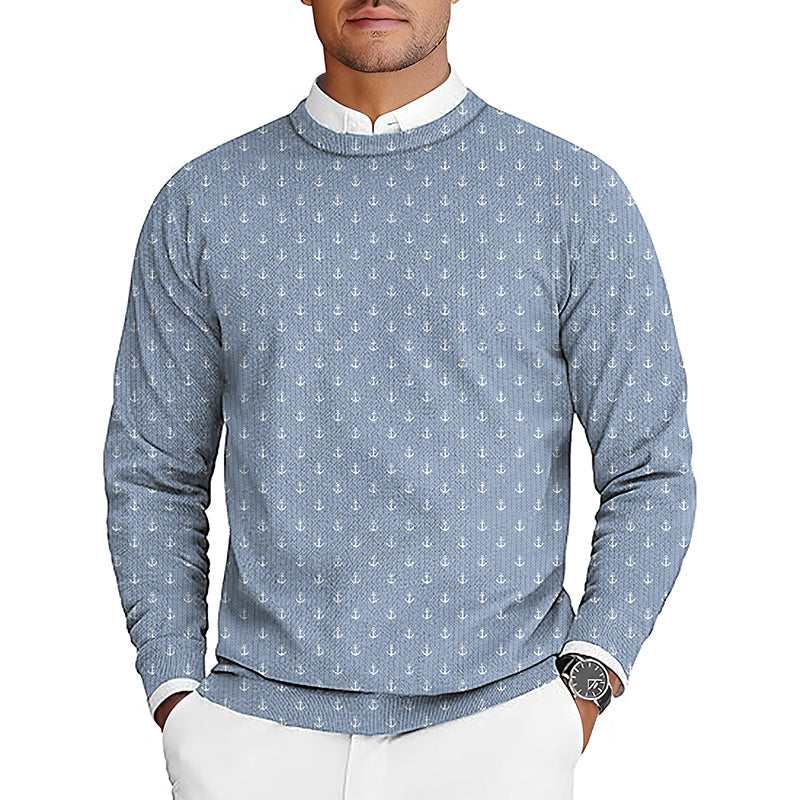 Blue anchor patterned men's golf crewneck pullover sweater