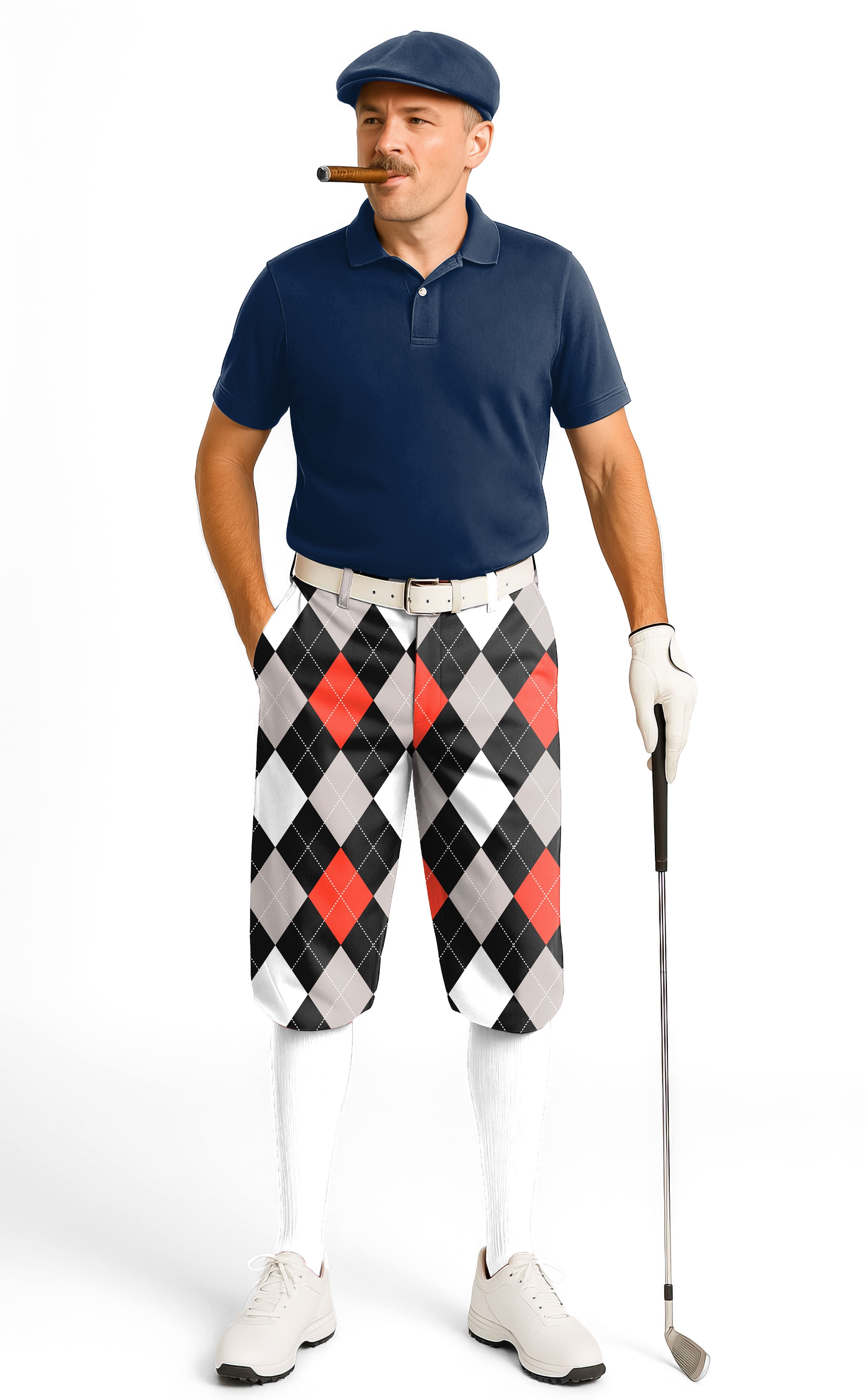Men's golf knickers pants with argyle red black pattern, lightweight, breathable, and wrinkle resistant.