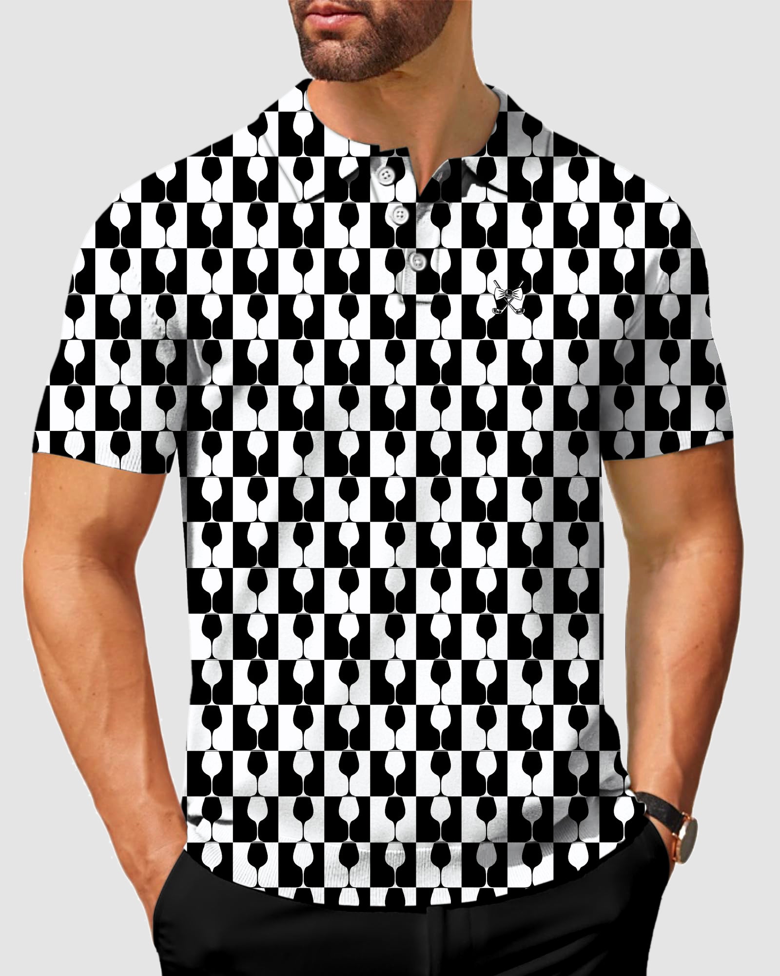 Men's Black And White Wine Cup Golf Polo