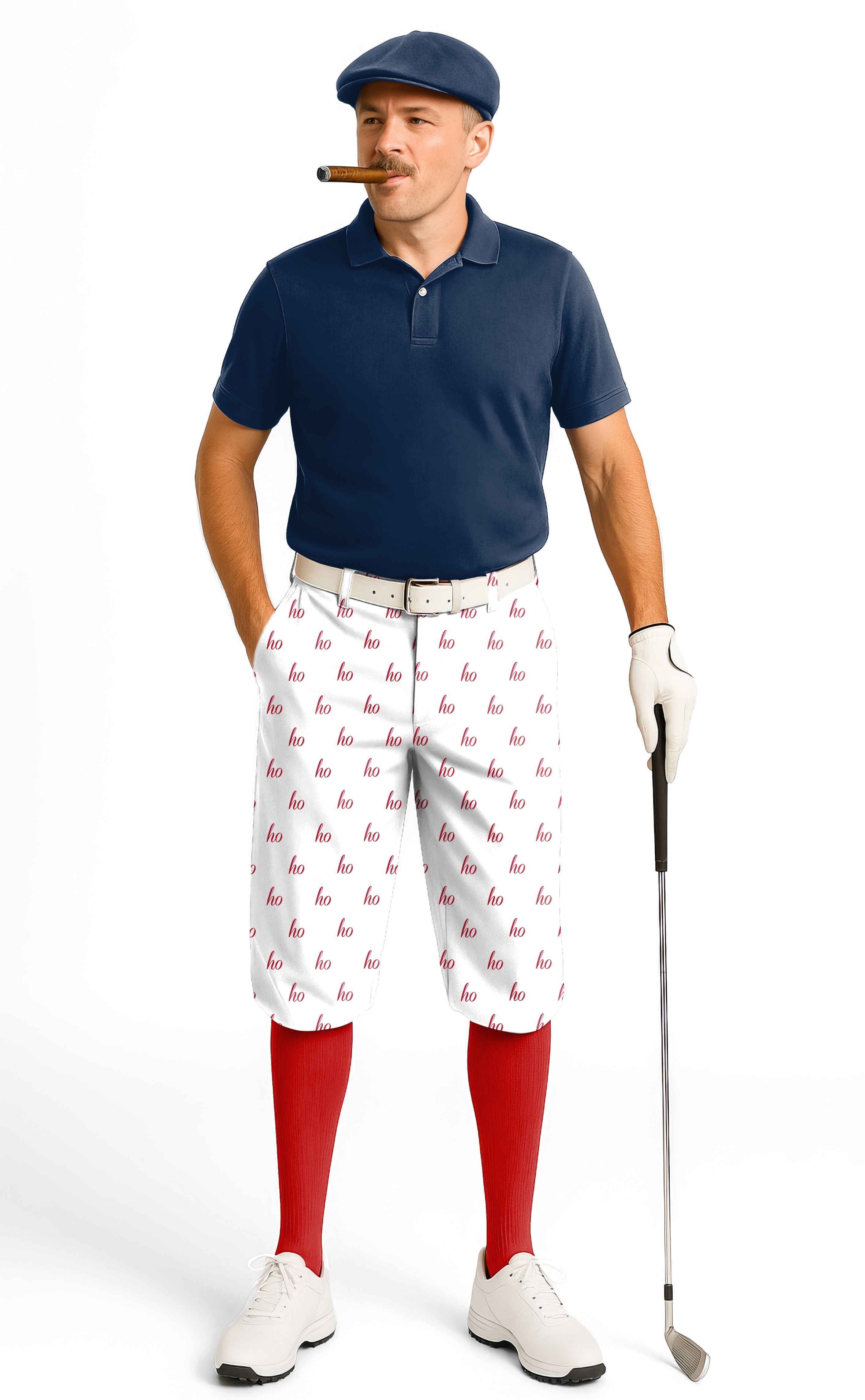 White custom name men's Christmas golf knickers with ankle cuffs and breathable fabric