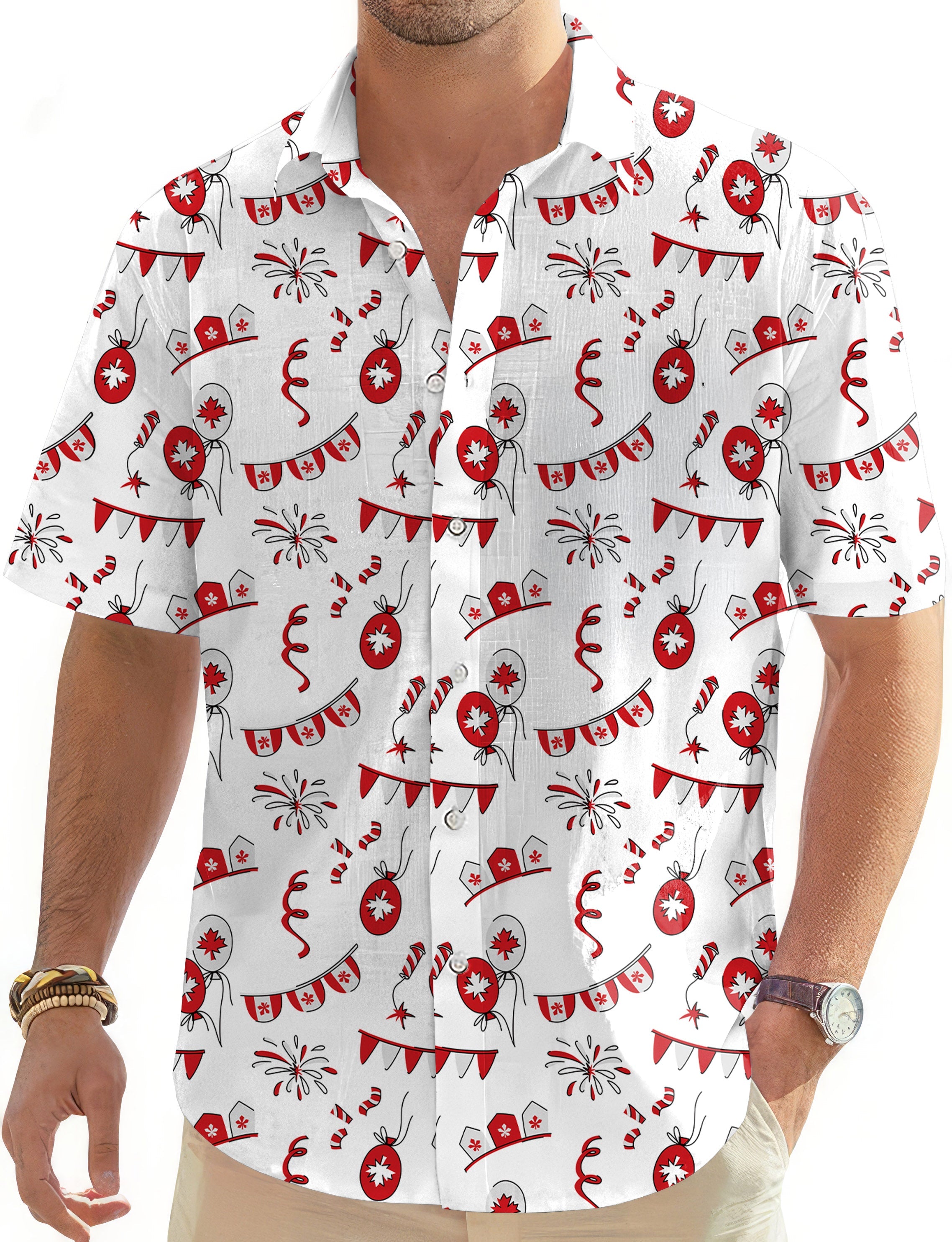 Canadian Flag Celebration men's button-down golf shirt with festive red and white print