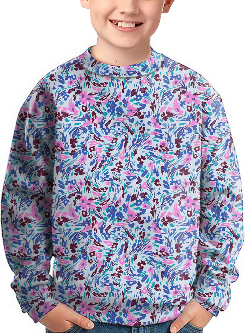 kid wearing summer floral crewneck pullover with blue and purple flower pattern