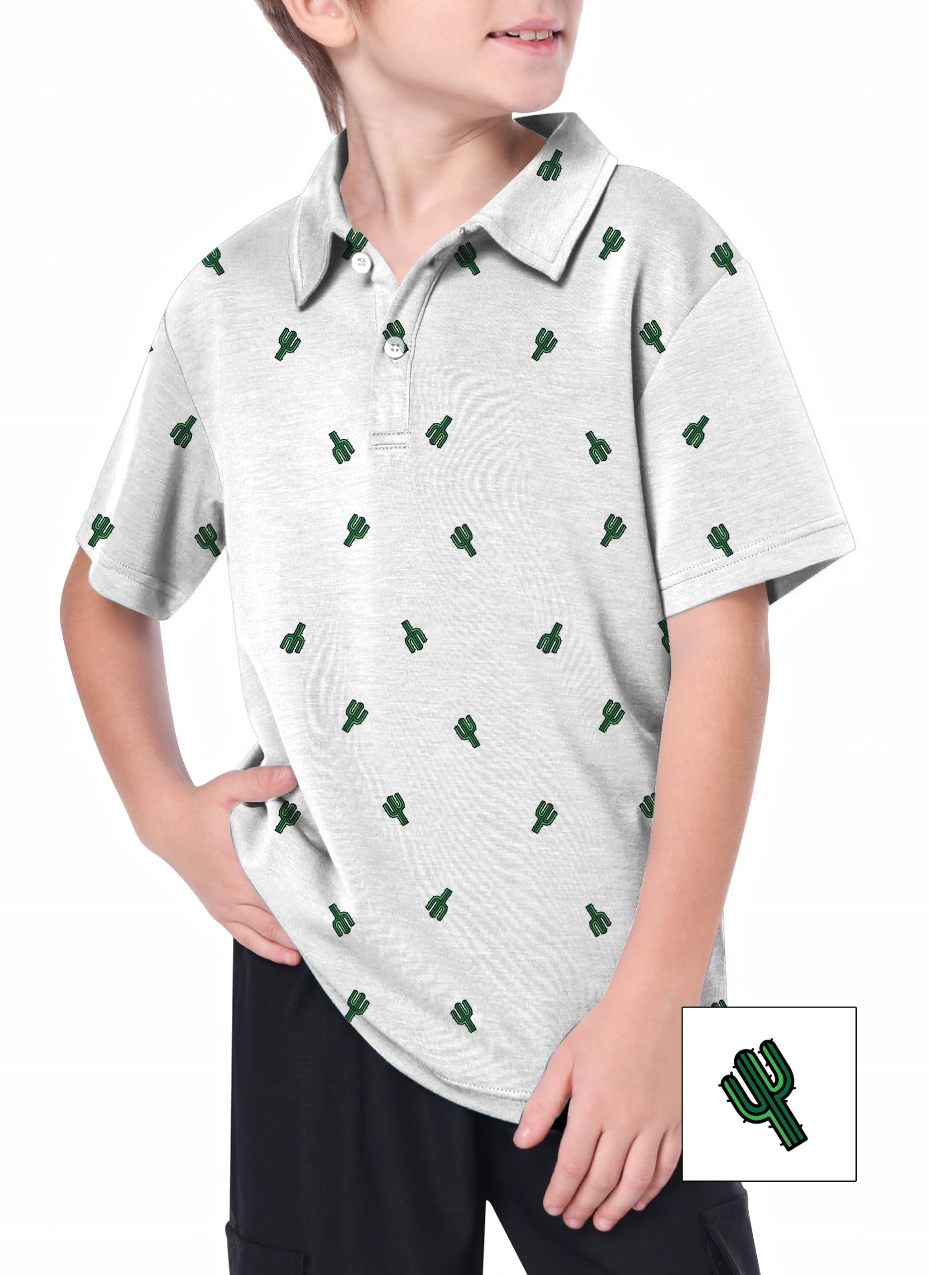Youth Cactus Custom white golf polo shirt with green cactus print for youth