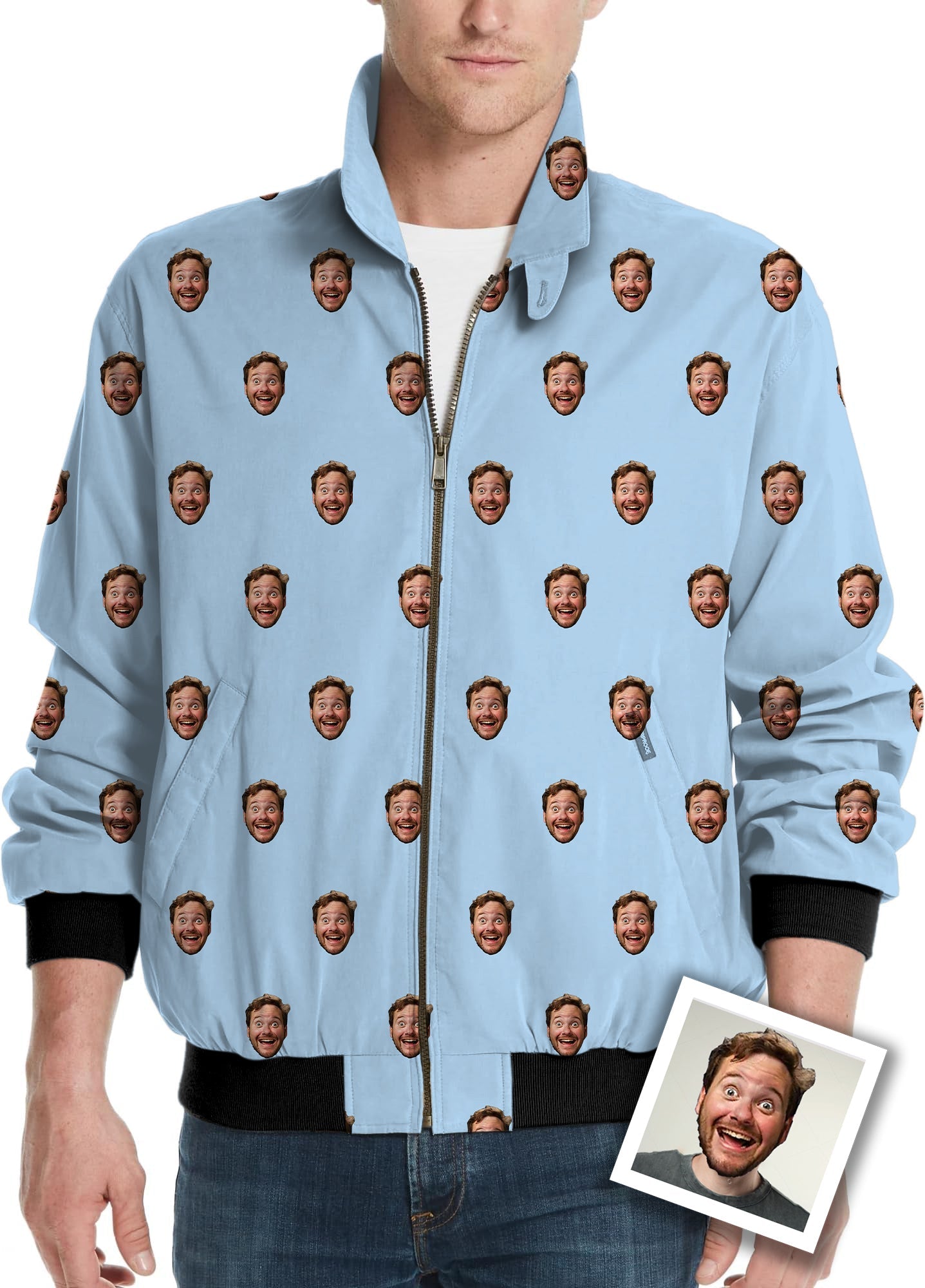 Men's light blue golf windbreaker jacket with custom photo funny face print all over