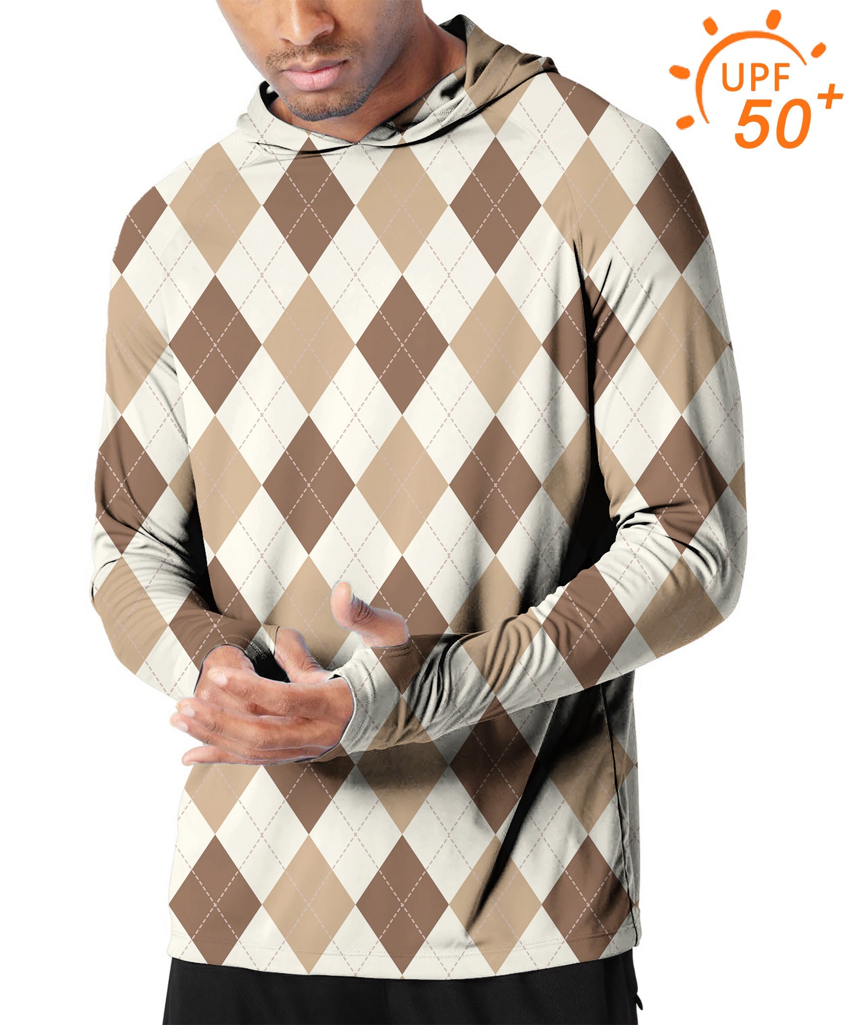 Men's outdoor slim fit brown argyle hoodie with UPF 50+ sun protection and thumb holes for golf and outdoor activities