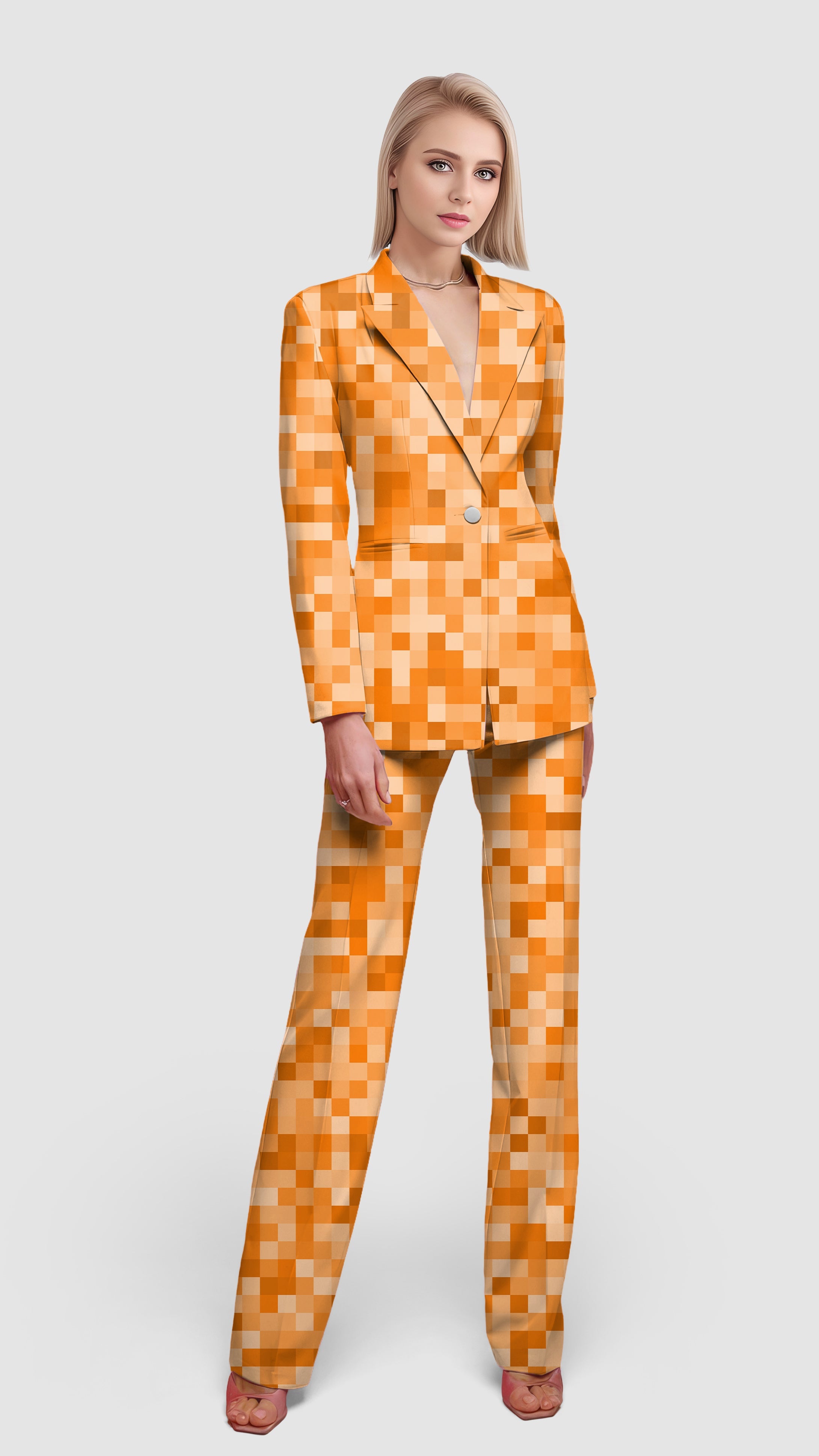 Orange pixel big women's blazer and matching pants suit set for casual work and office style