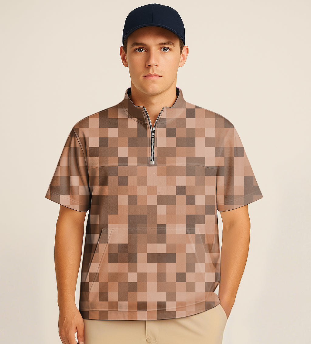 Man wearing brown pixel pattern half zipper turtleneck golf short shirt with big embroidery and navy cap