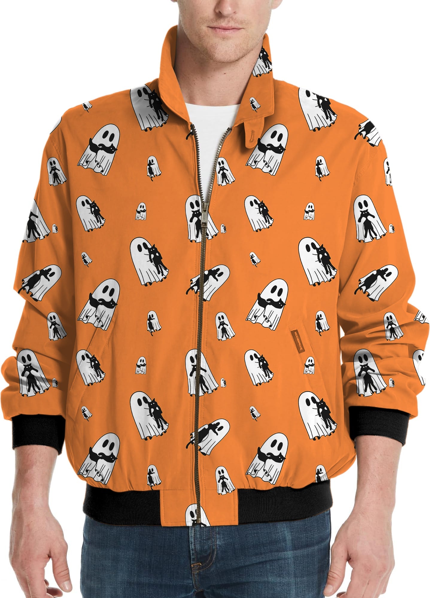 Men's Halloween Ghost Hug golf windbreaker jacket with custom orange ghost pattern