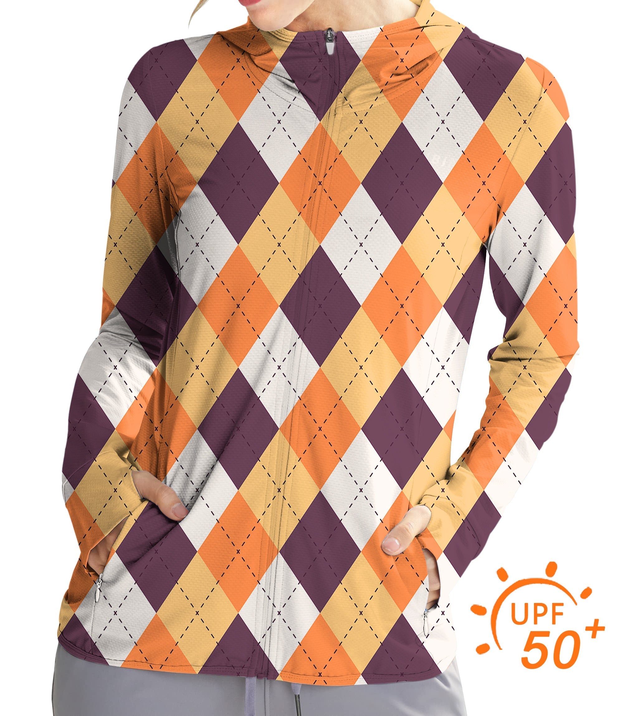 Women's outdoor Halloween argyle zip hoodie with UPF 50+ sun protection, slim fit, breathable quick-dry fabric for golf and active wear