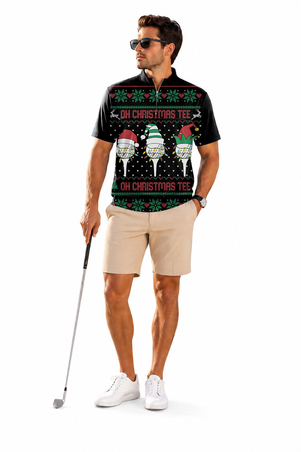 Men's Short Sleeve Quarter Zip Golf Pullover Black-Christmas Custom face Embroidery