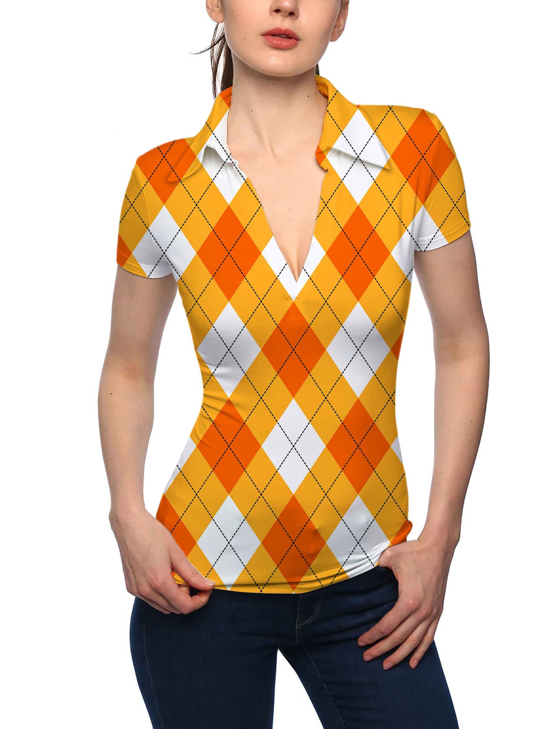 Women's Halloween Cross orange white argyle V-neck golf polo shirt with stand collar and short sleeves
