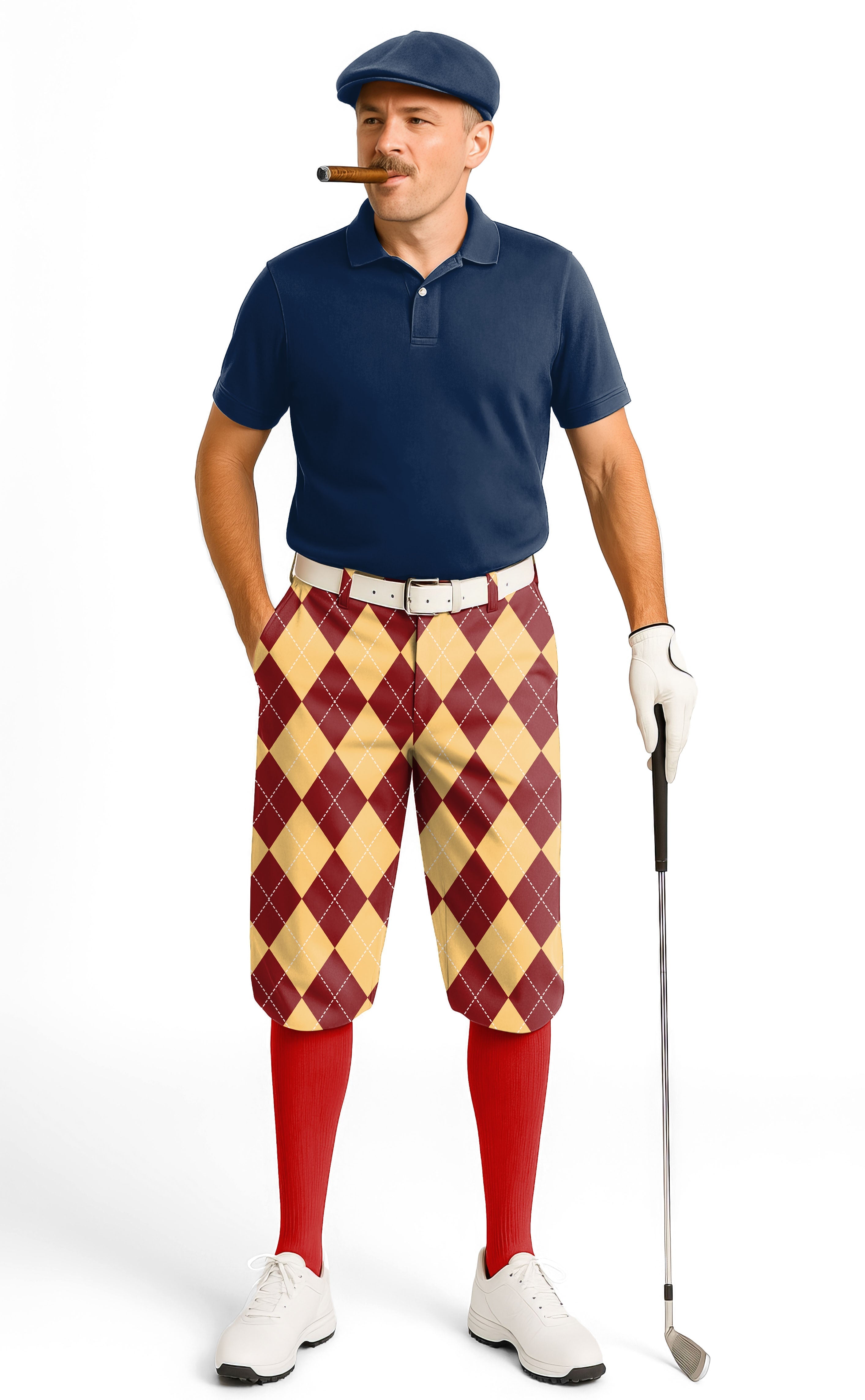 Men's yellow red Argyle golf knickers with snug ankle cuffs, wrinkle-resistant, and breathable fabric.