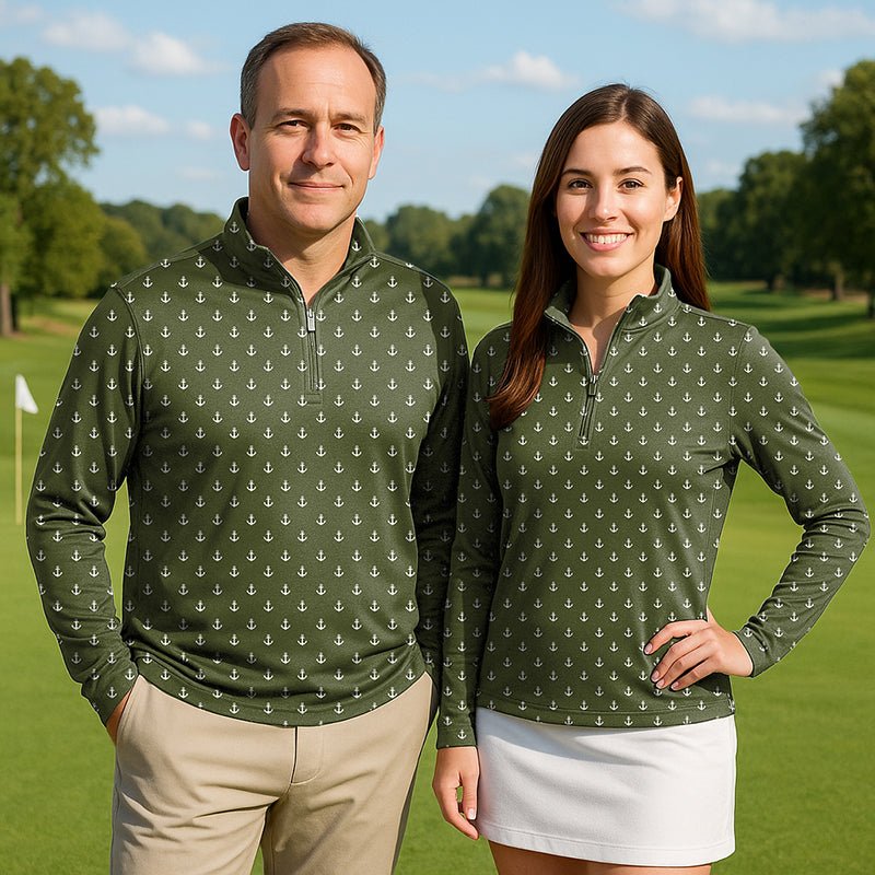 dark green anchor couple golf active 3/4 zip tops with long sleeves on man and woman outdoors