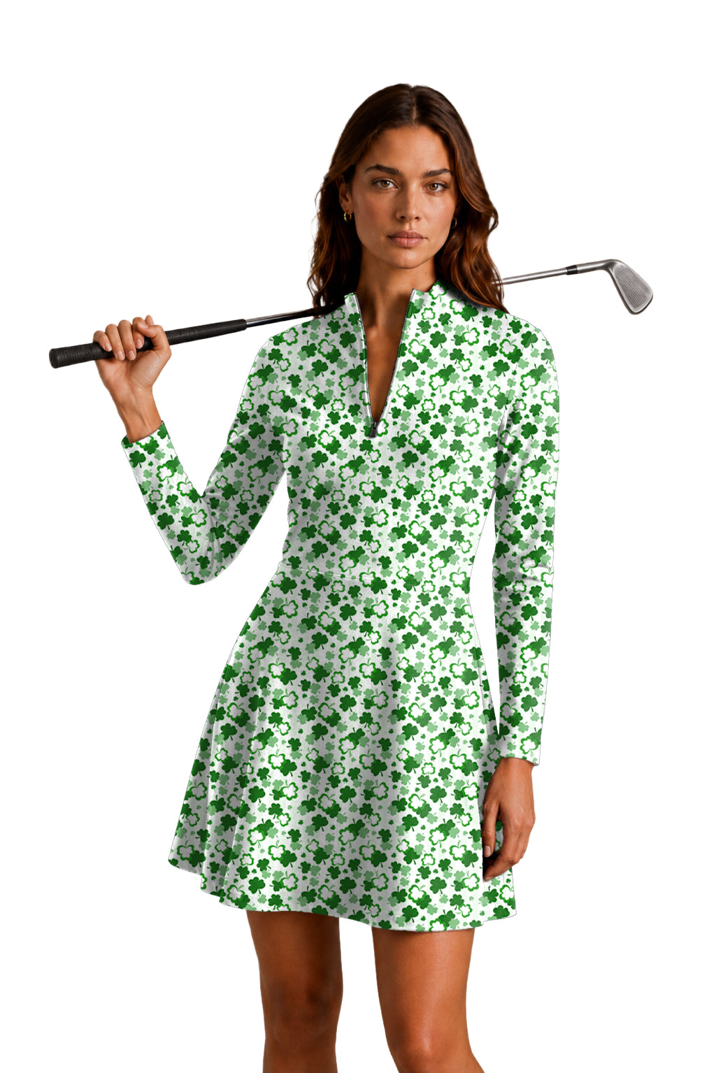 Leaf clover St. Patrick's Day Women's Golf Long Sleeve Zipper Dresses Comes with separate matching shorts