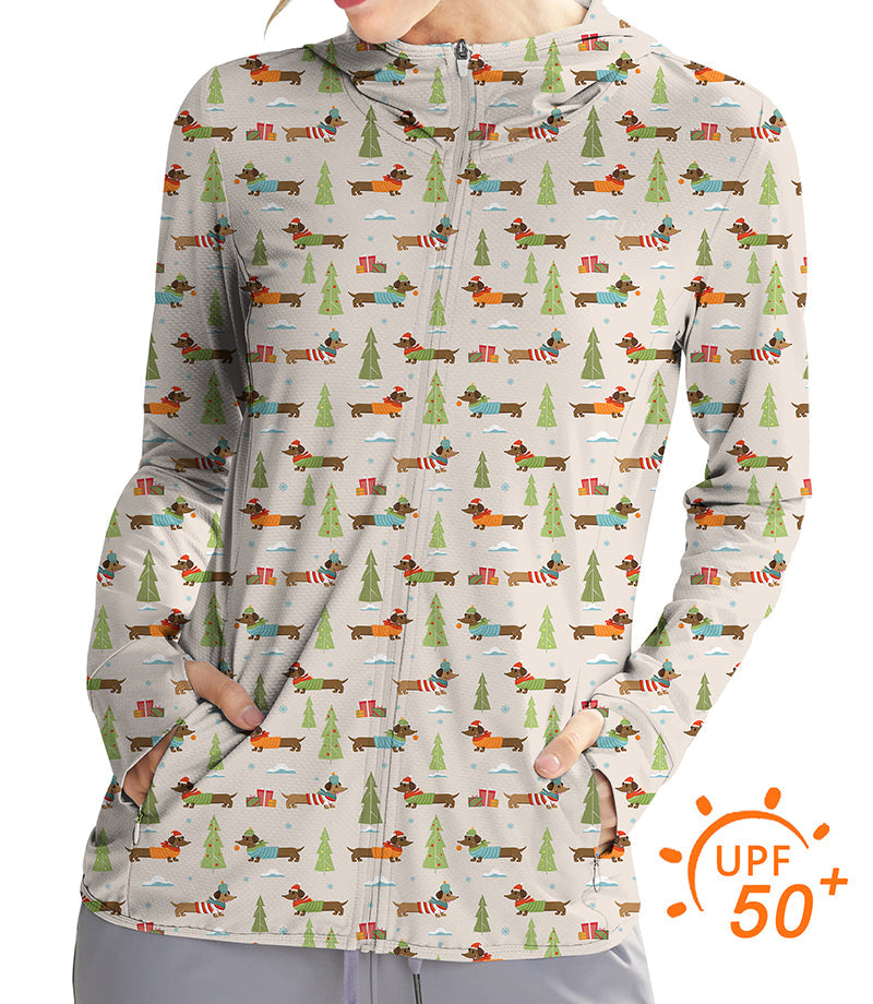 Women's slim fit zip hoodie with Christmas dachshund golf print, UPF 50+ sun protection, lightweight and breathable fabric for outdoor activities