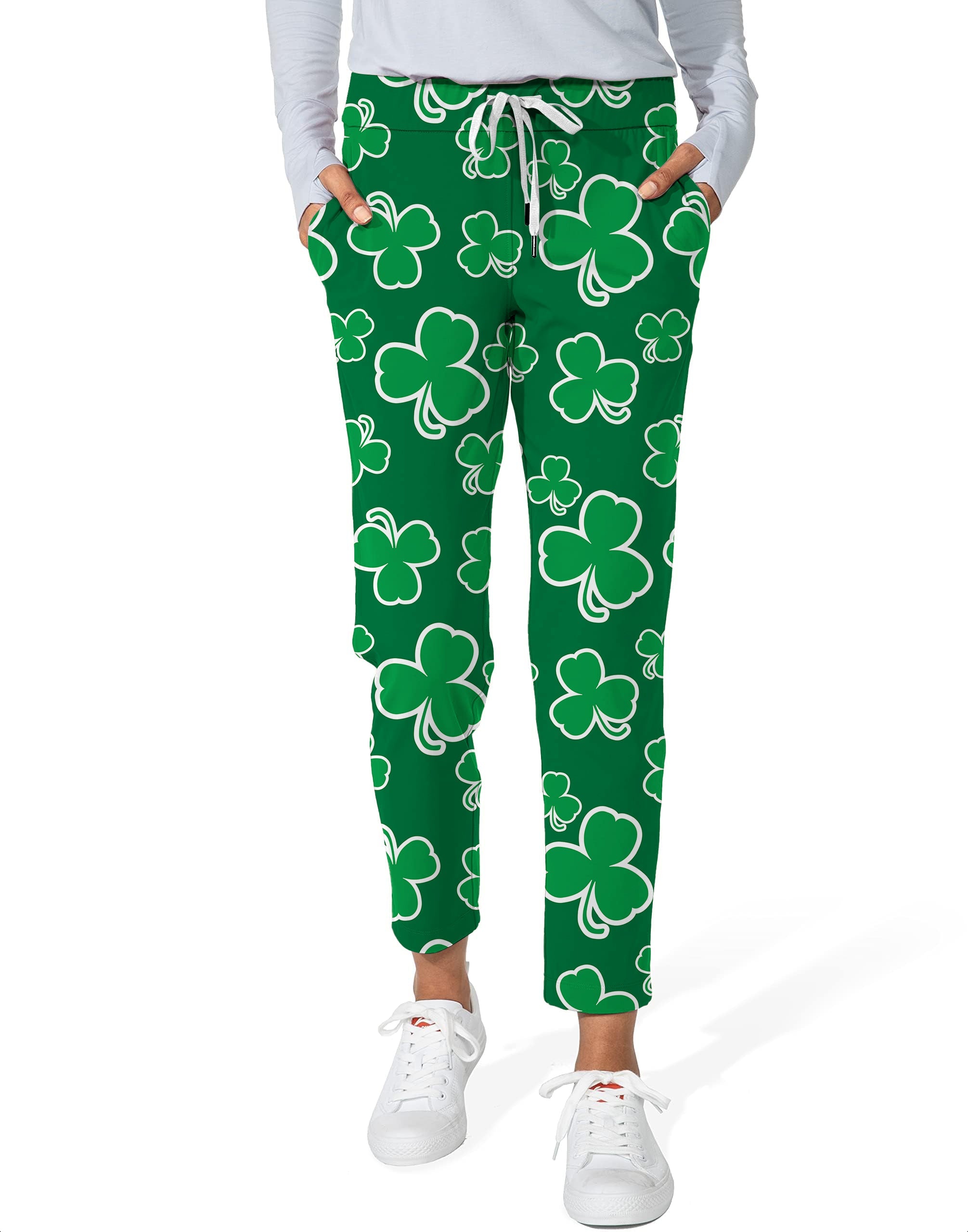 Women's 7/8 stretch ankle golf pants with green leaf clover pattern for St. Patrick's Day