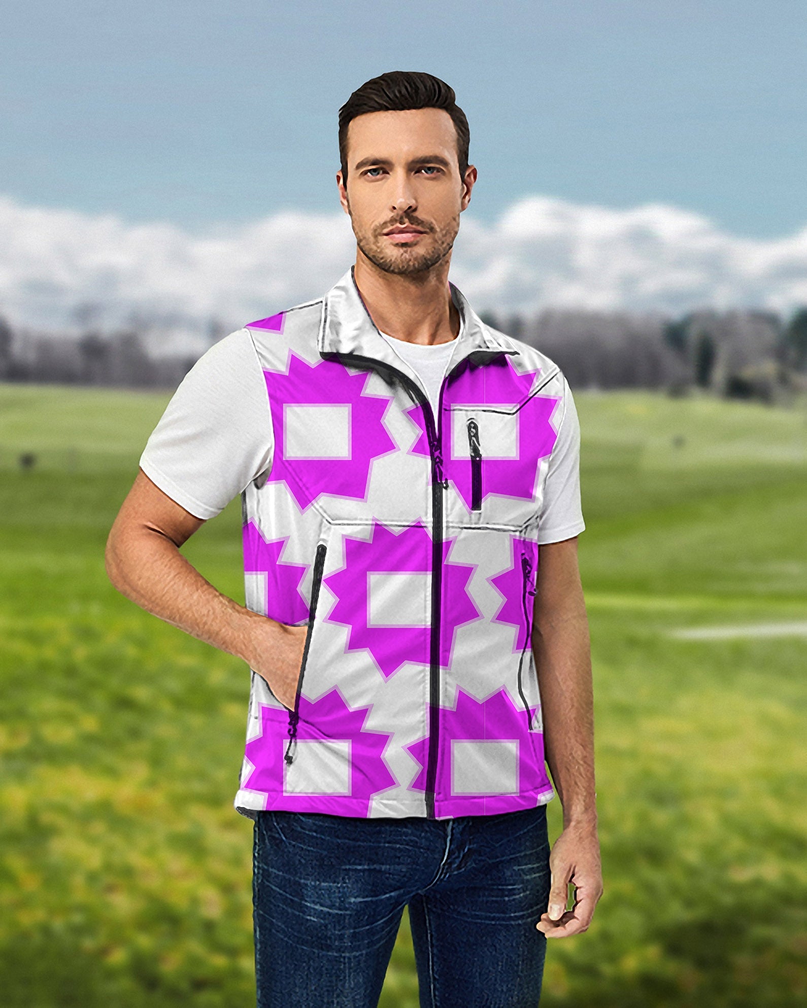 Men's Explosion Geometry lightweight softshell golf vest with sleeveless design, windproof and waterproof features