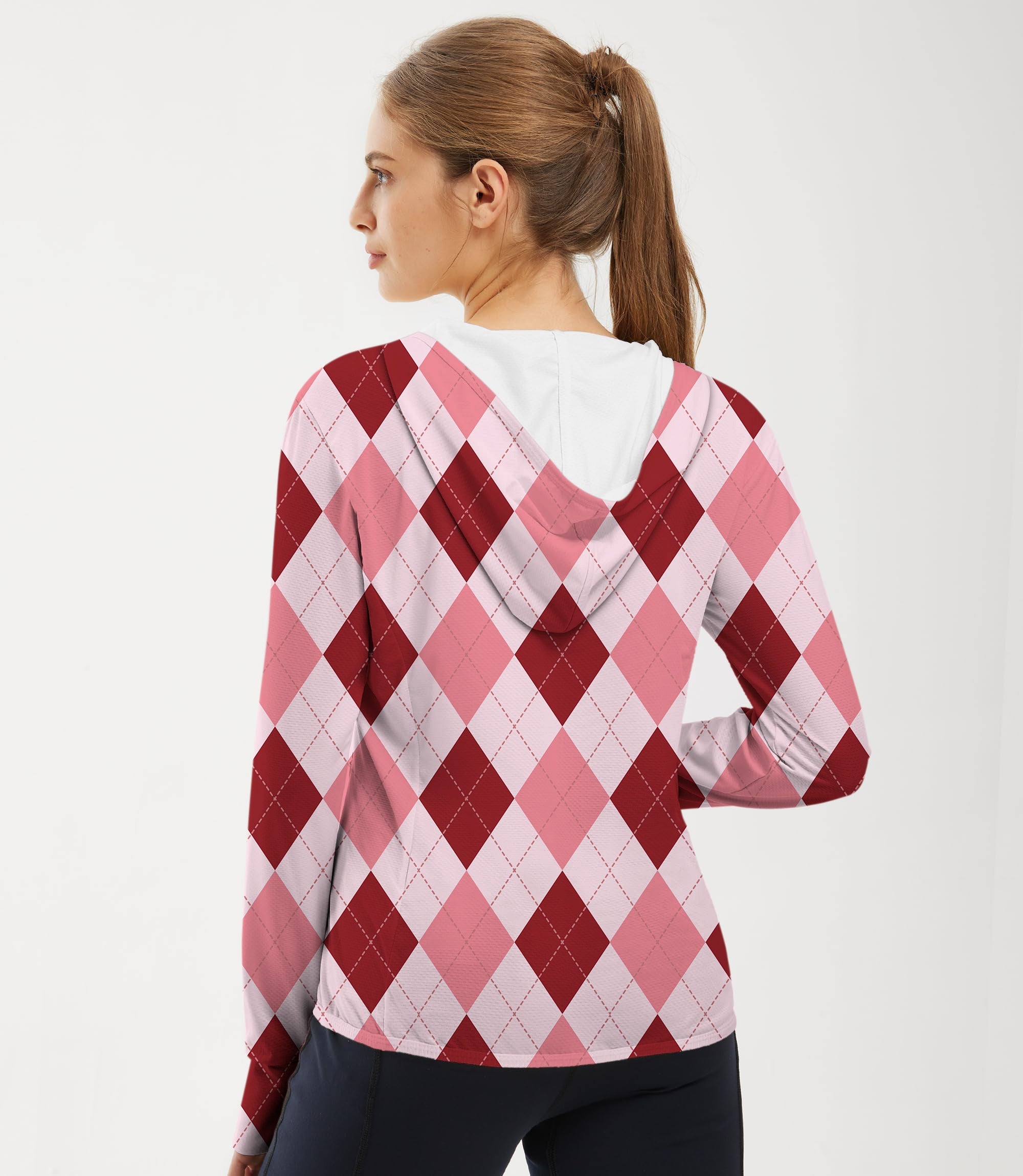 Women's outdoor pink argyle slim fit golf sun protection hoodie with thumb holes