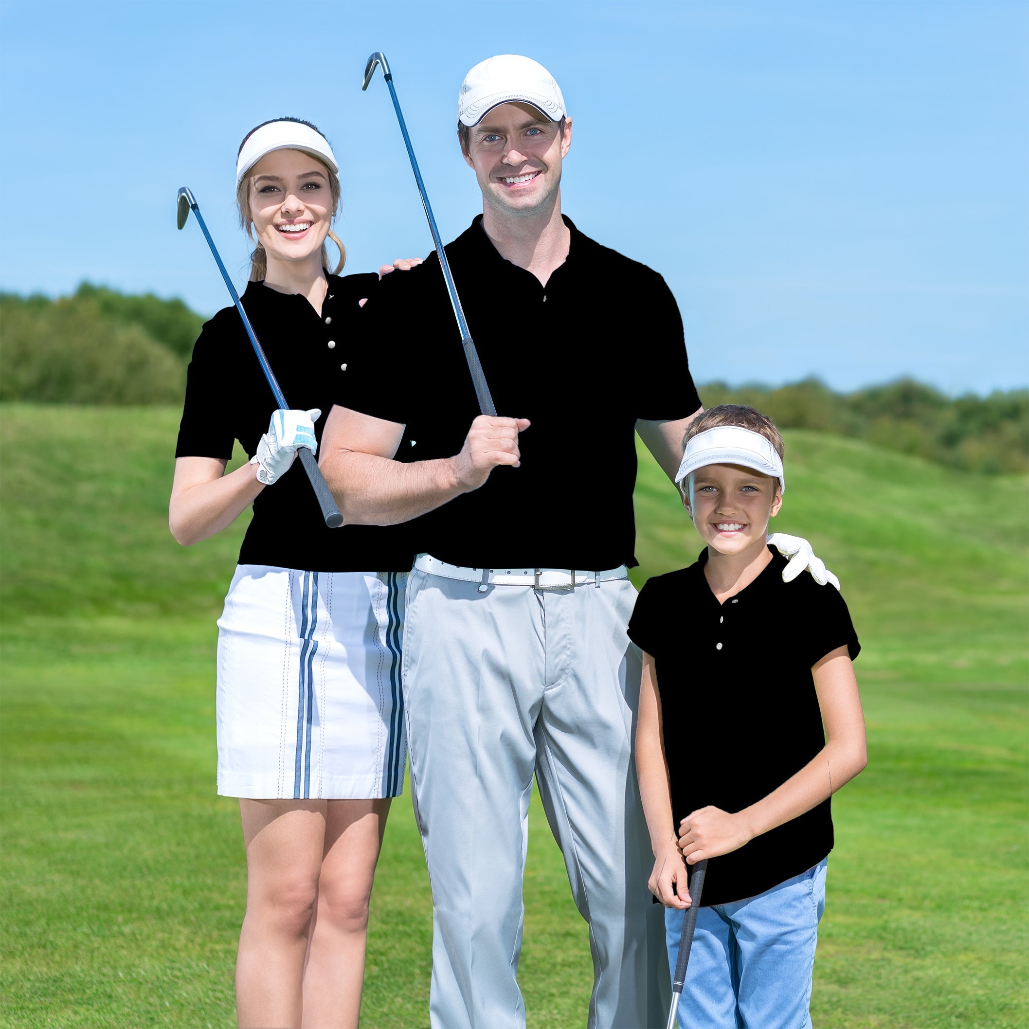 Family wearing pure black set golf outfits on green golf course holding clubs
