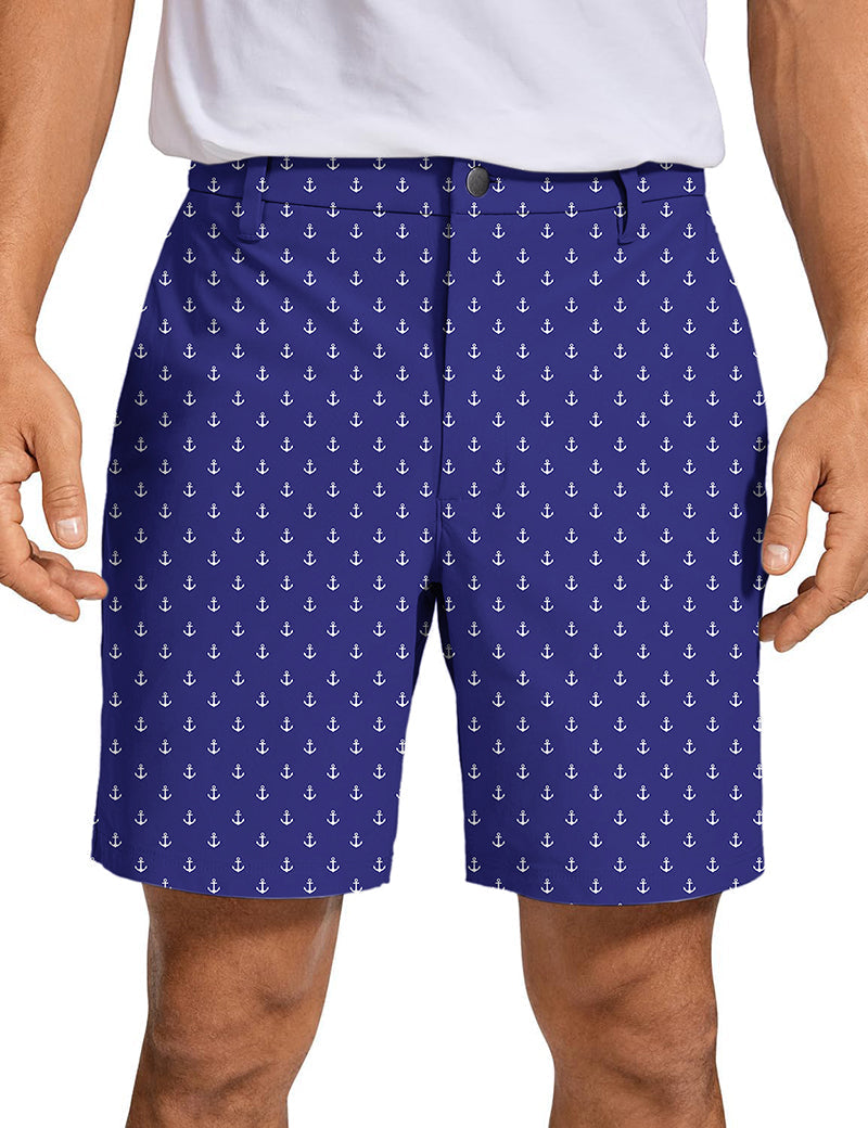 Men's navy anchor pattern golf shorts with performance fabric and two-way stretch
