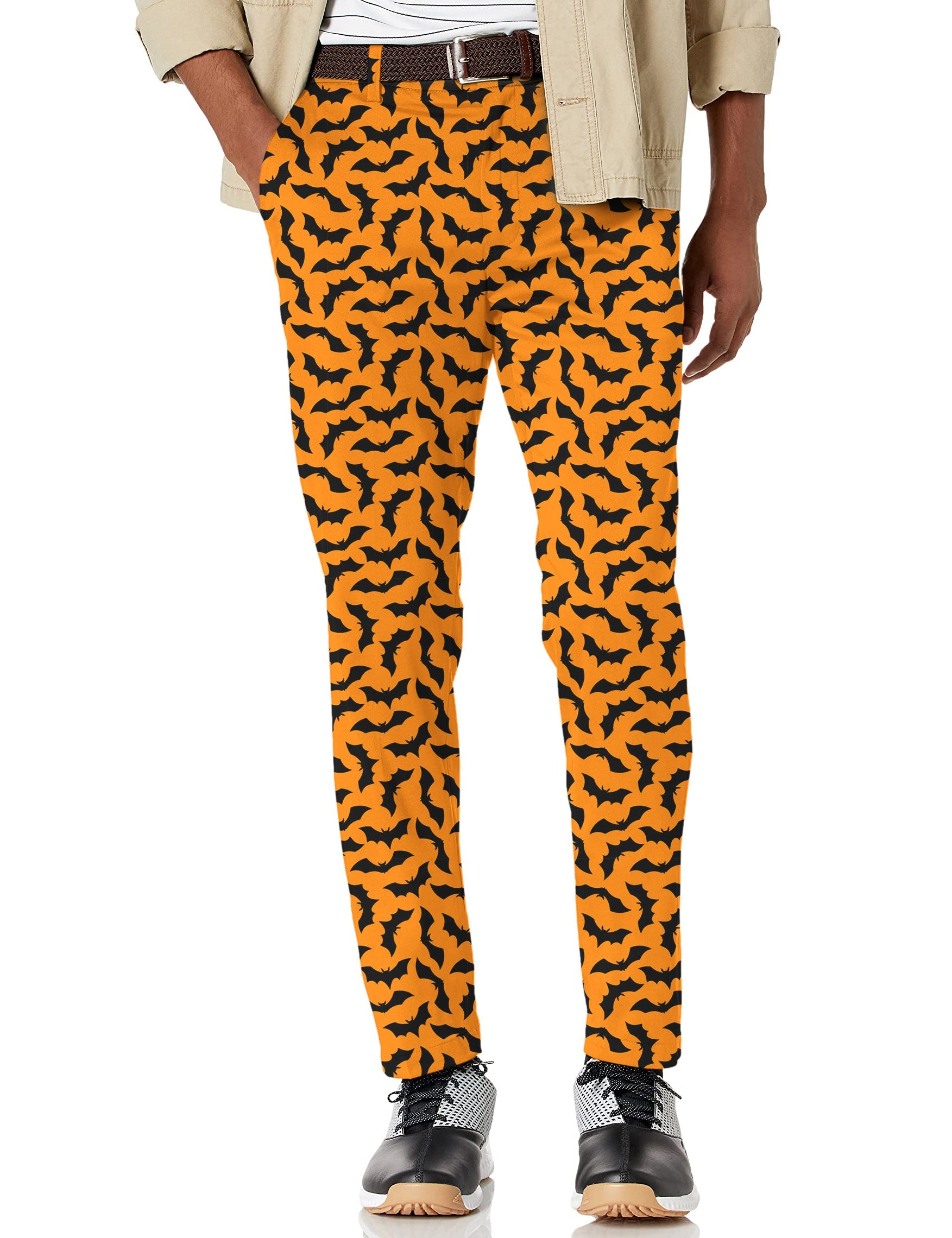 Men's Halloween Bat stretch golf pants with orange and black bat pattern, moisture-wicking and wrinkle-resistant fabric.