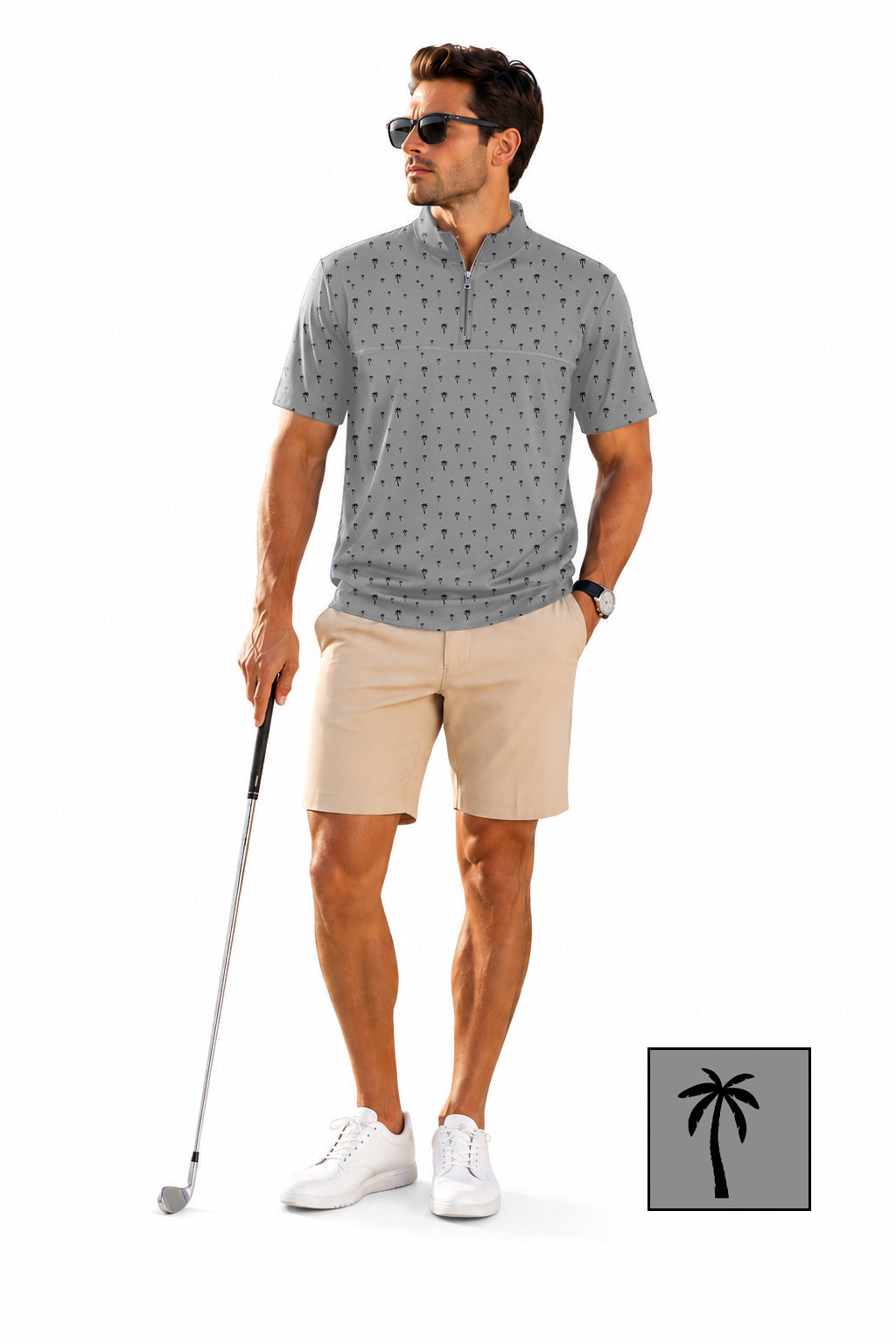 Men's Short Sleeve Quarter Zip Golf Pullover Coconut Palm The Background Color Embroidery
