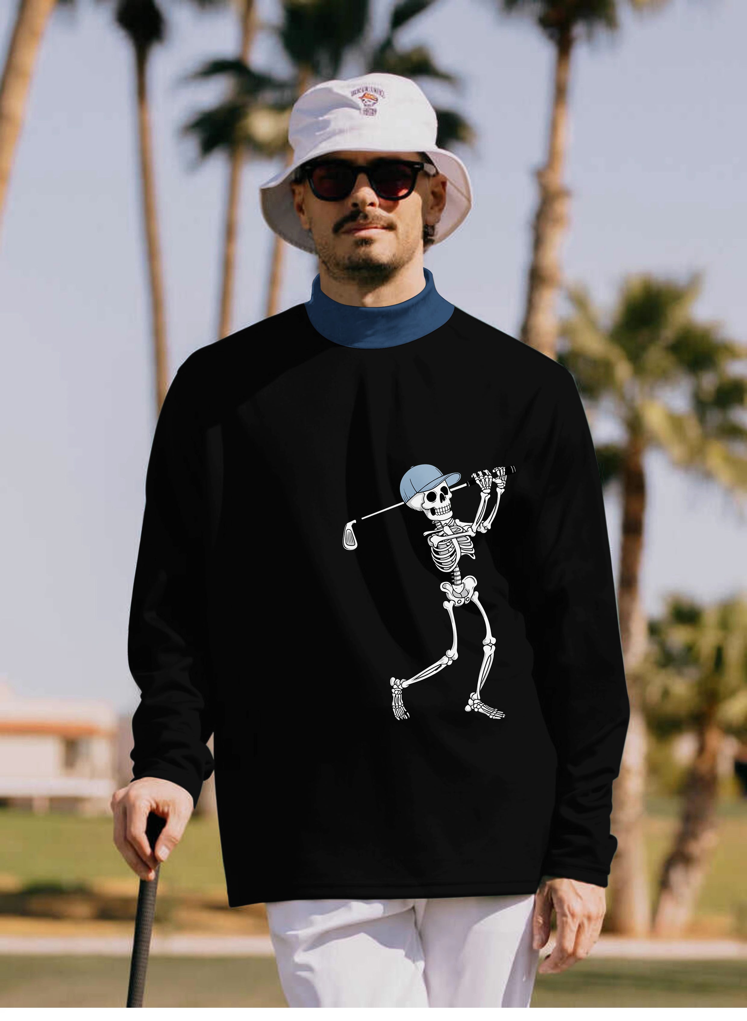 Men's Blue Royal Black Halloween Skeleton Golf Pullover High neck Long/Short sleeve T-Shirt