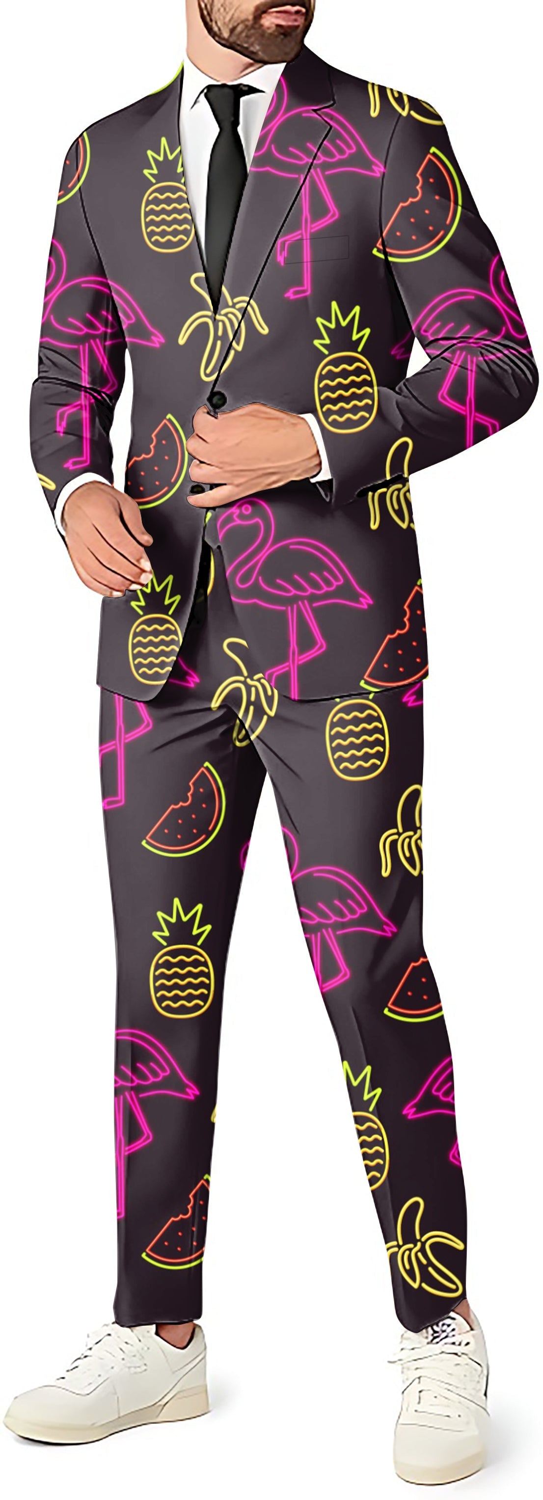 Neon Light Nonsense men's party suit with blazer, pants, and vest featuring bright tropical print