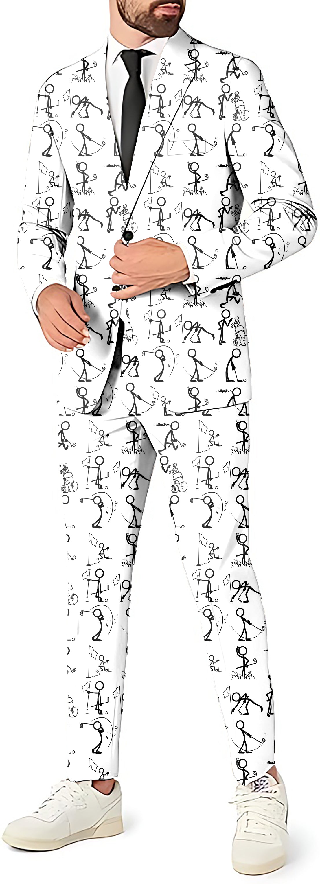 Man wearing white Play Golf-Theme Party 2 suit with blazer, pants, and vest featuring golf stick figure print