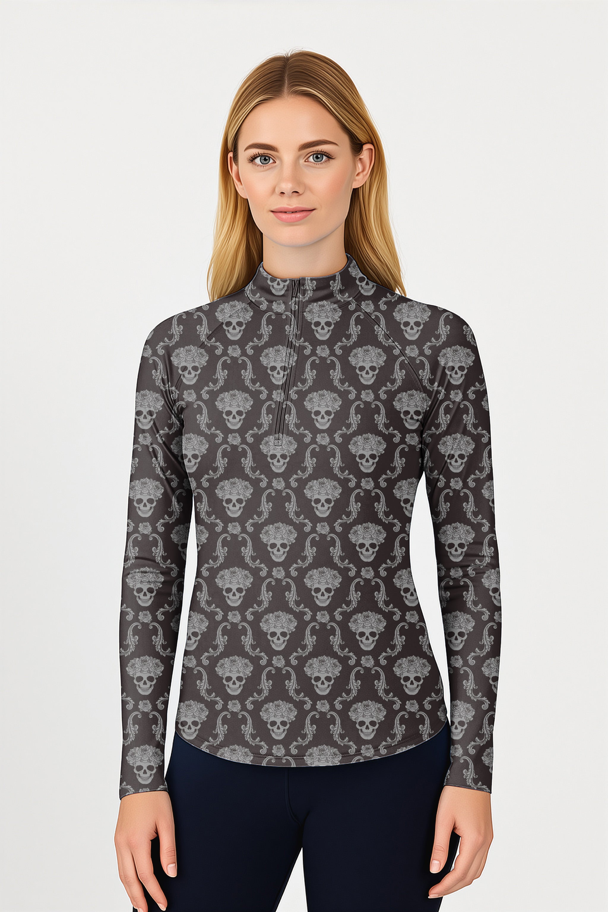 Halloween Classic Skull Women's Golf Active 3/4 Zipper Top Long Sleeves