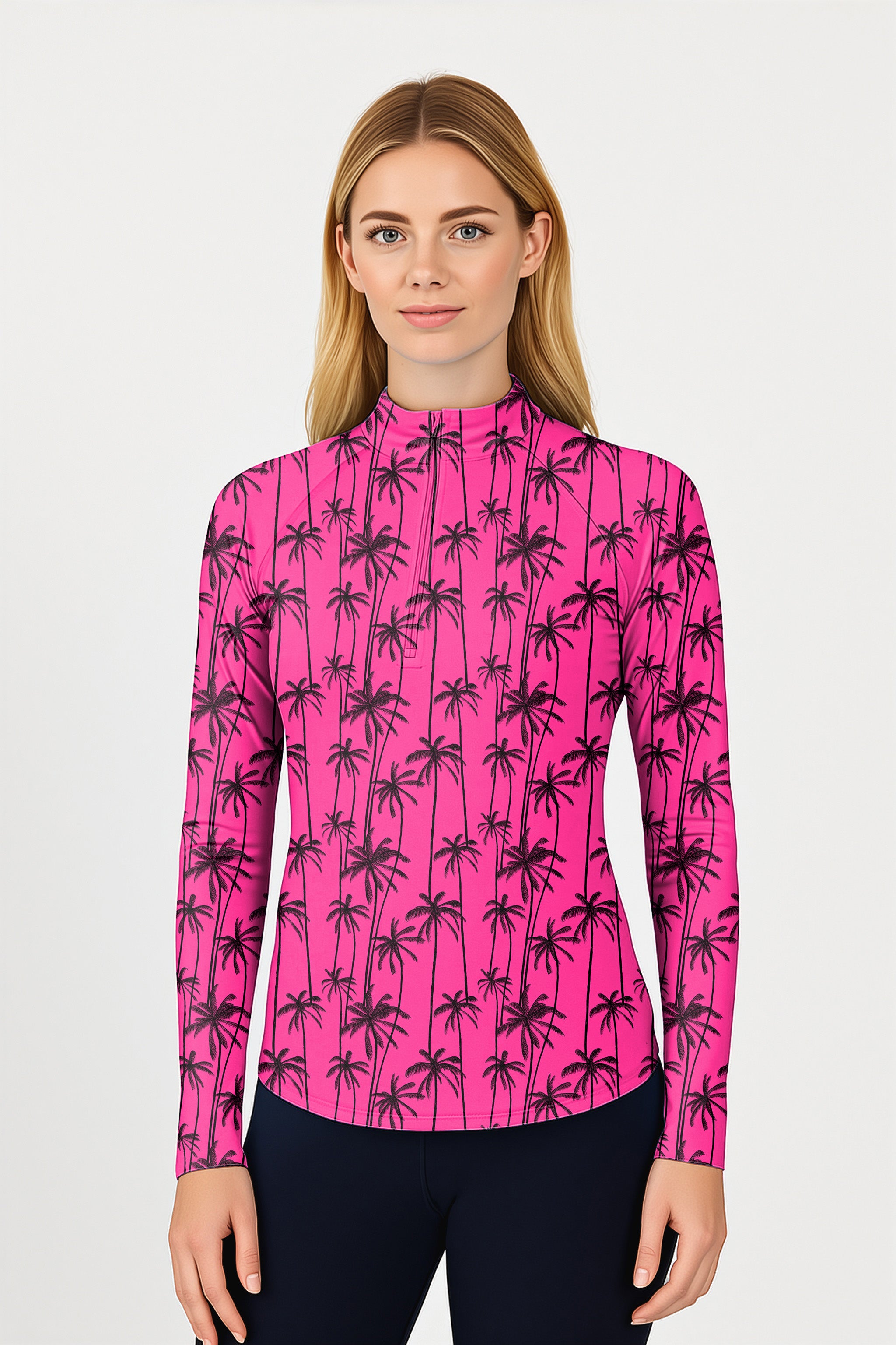 Rose-Red Coconut Trees Women's Golf Active 3/4 Zip Top Long Sleeves