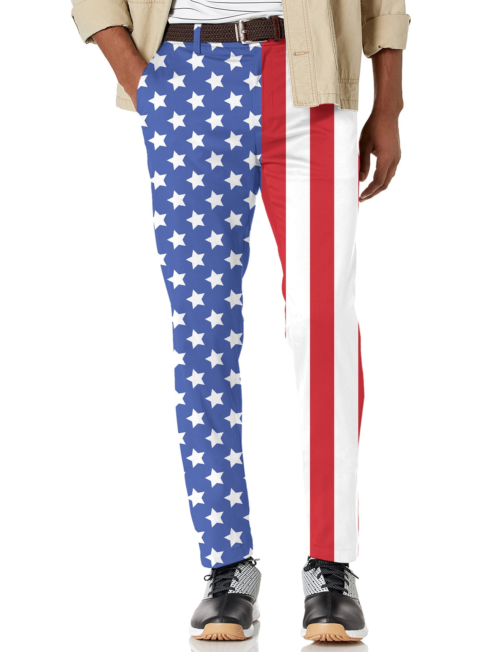 Men's USA stretch golf pants with American flag design, moisture-wicking and wrinkle-resistant fabric, shirt-gripping waistband.