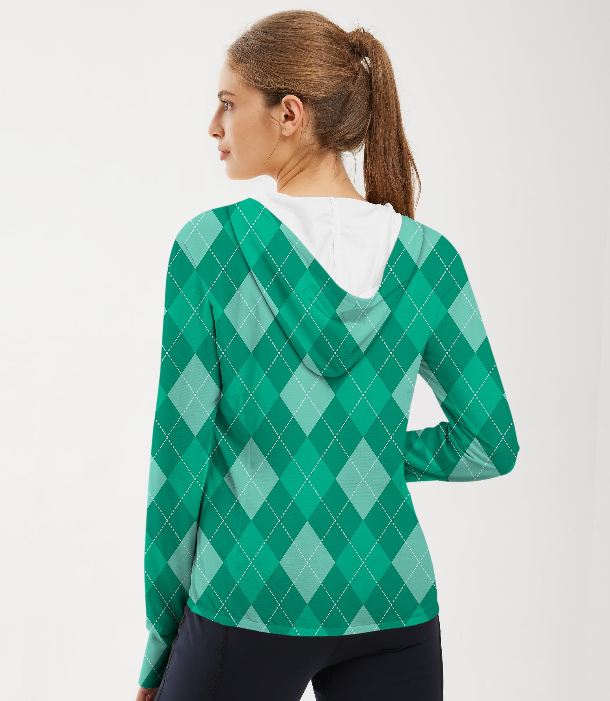 Women's outdoor green argyle slim fit zip hoodie with sun protection and thumb holes for active wear