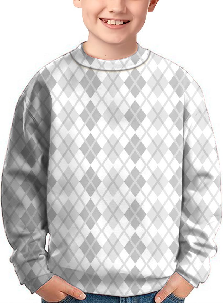 Kid wearing an Argyle grey grid crewneck pullover ugly sweater