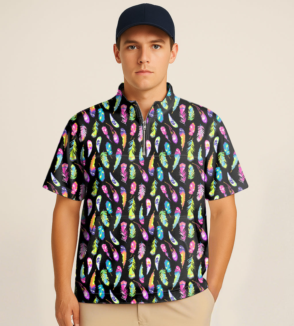 Men's half zipper turtleneck golf shirt with colorful feather embroidery and short sleeves