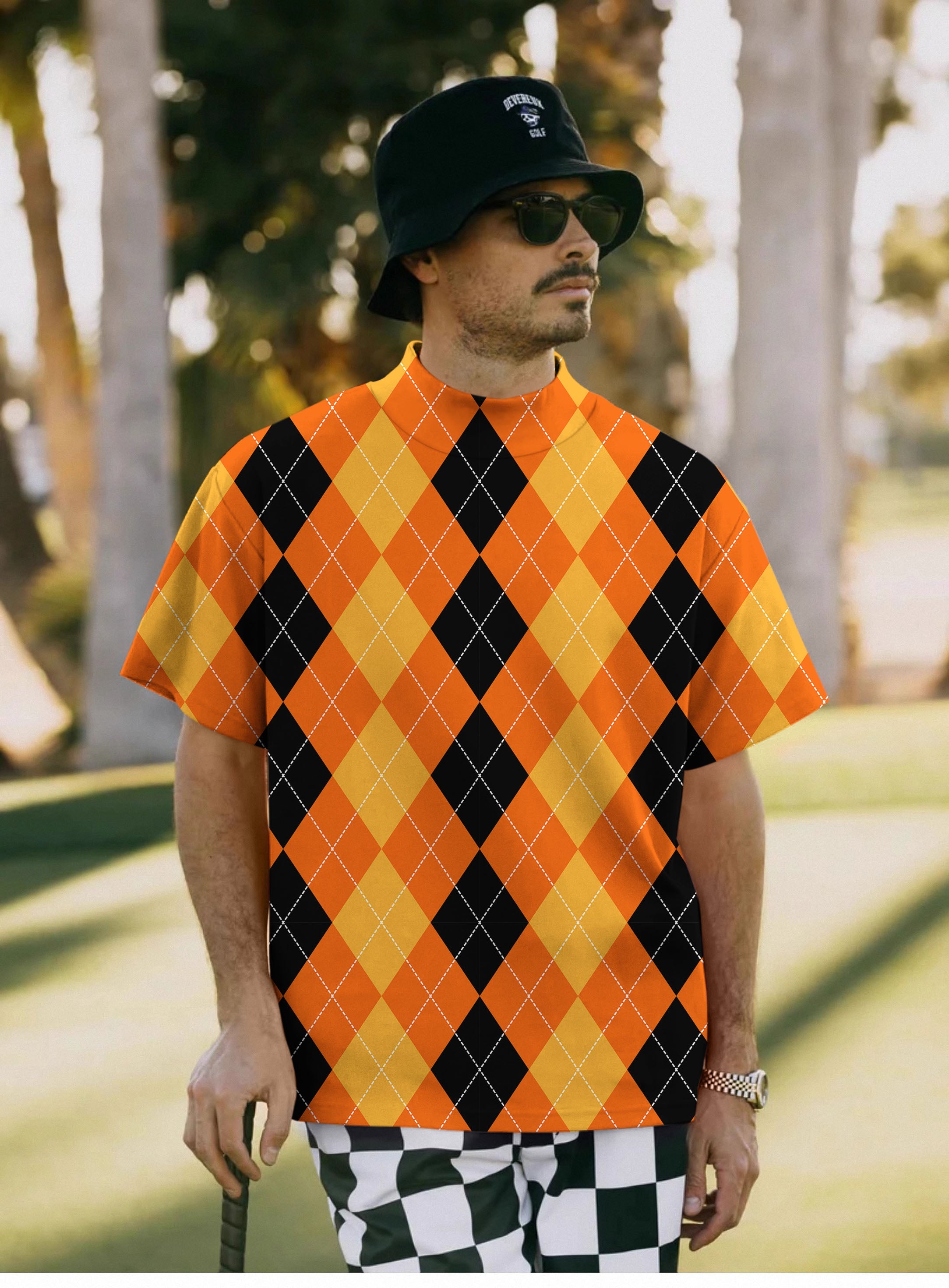 Men's Halloween black yellow orange argyle short sleeve pullover shirt with high neck