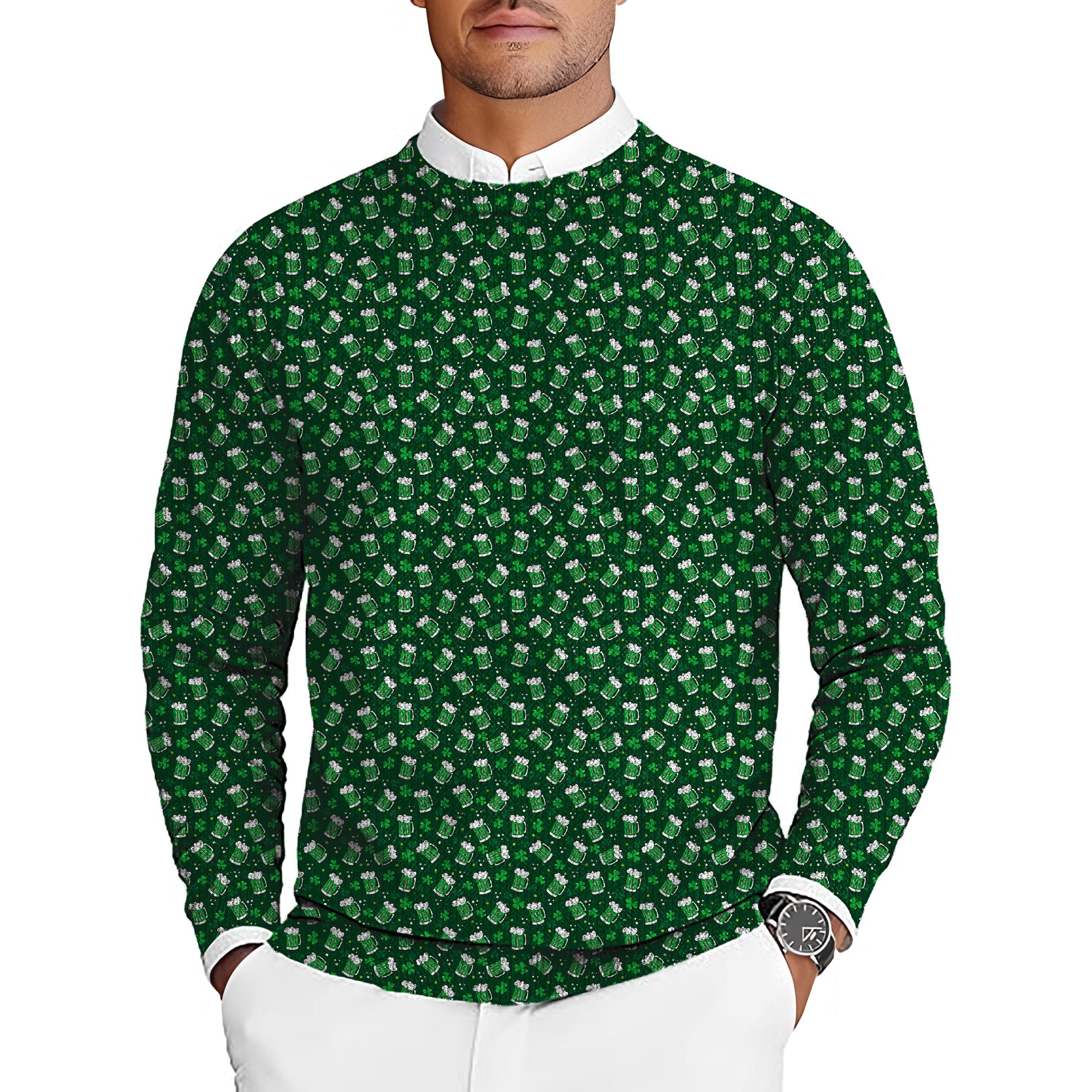 Men's green St. Patrick's Day golf crewneck pullover sweater with clover leaf and beer pattern, ugly sweater style