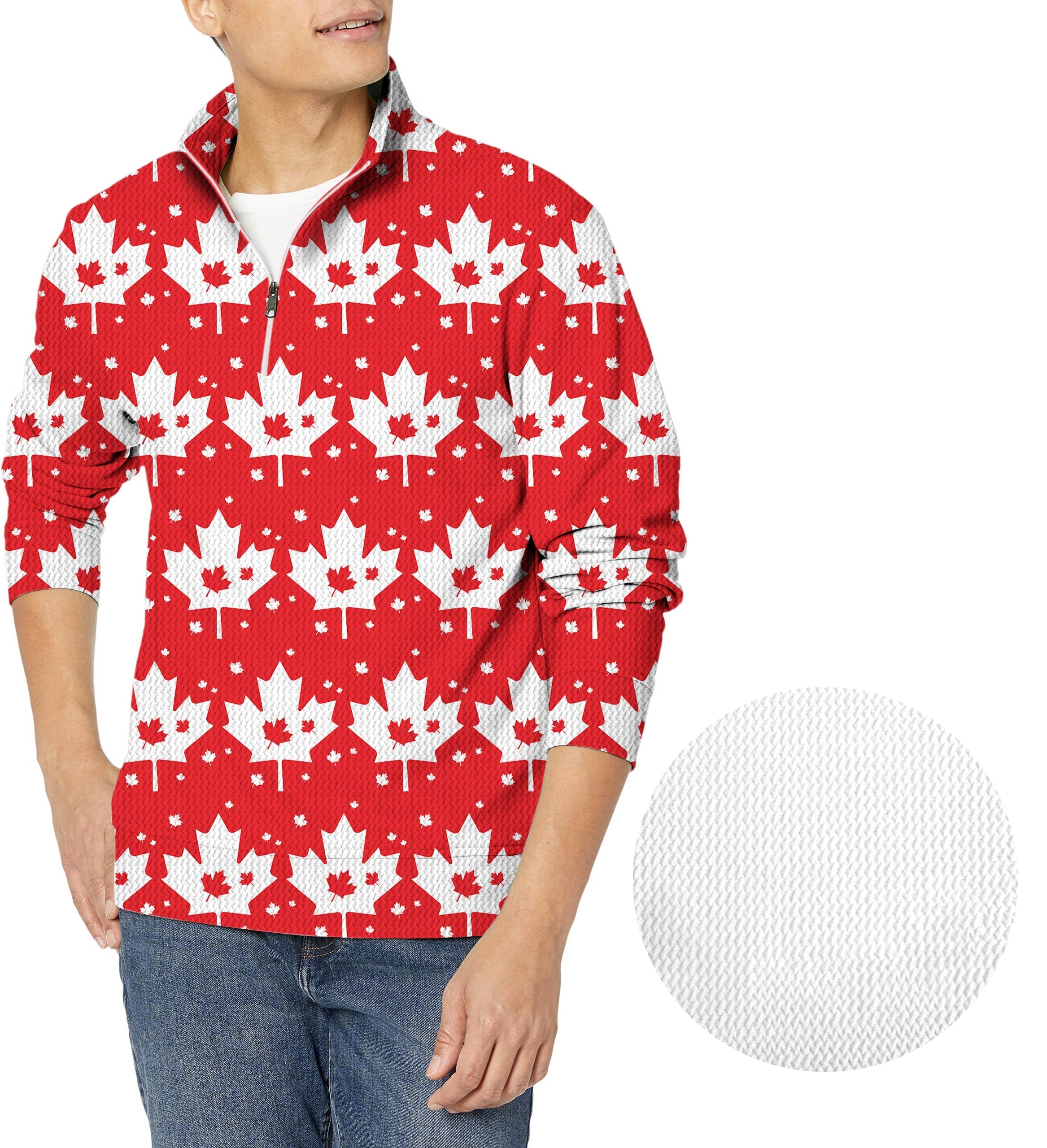 Canadian Maple Leaf men's golf waffle zipper pullover with red and white maple leaf pattern