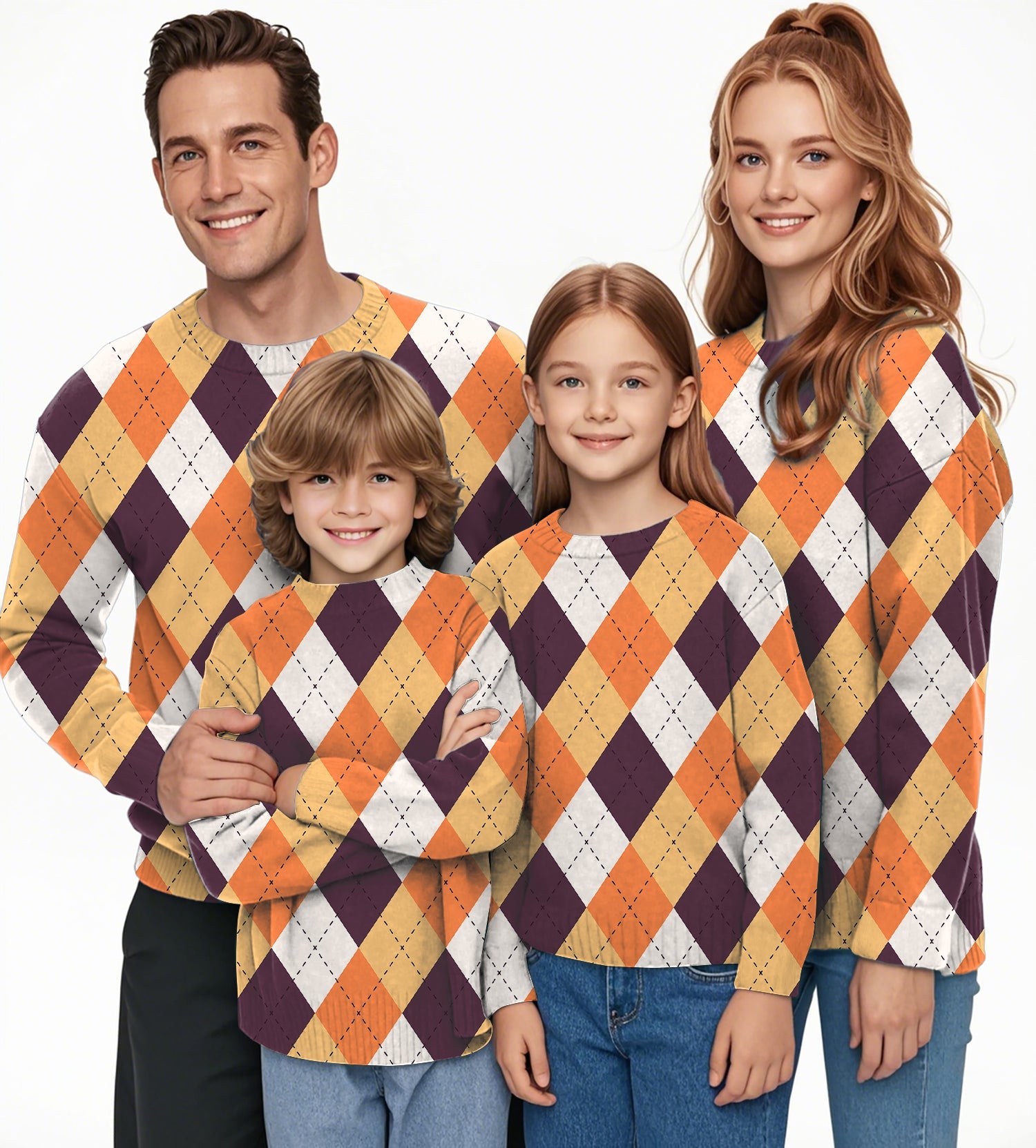 Family wearing Halloween orange white brown argyle crewneck pullover ugly sweaters