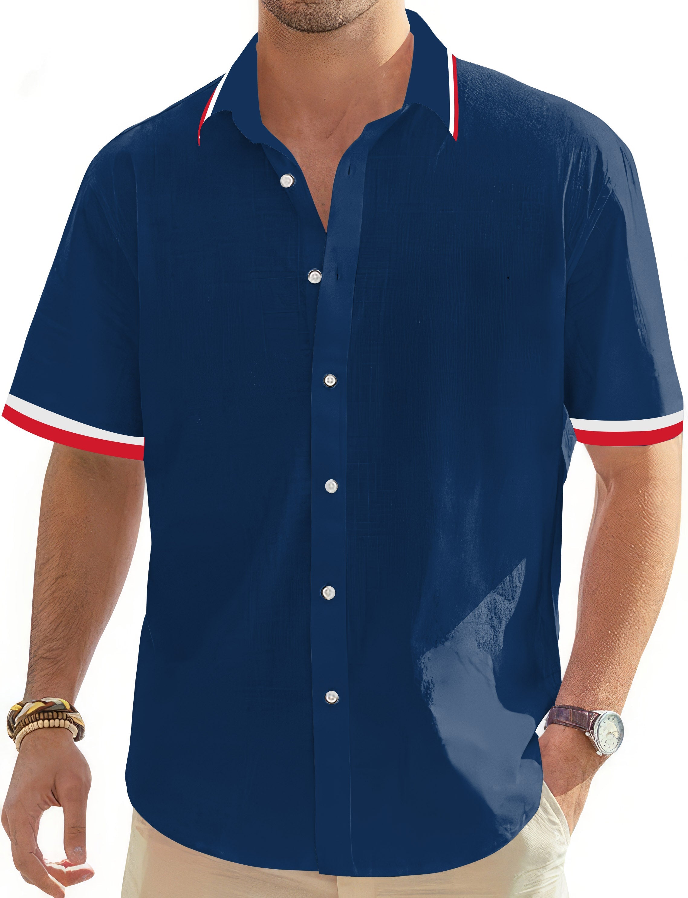 Men's Navy Red White Stripe Series short sleeve button-down shirt with collar and stripes on sleeves and collar